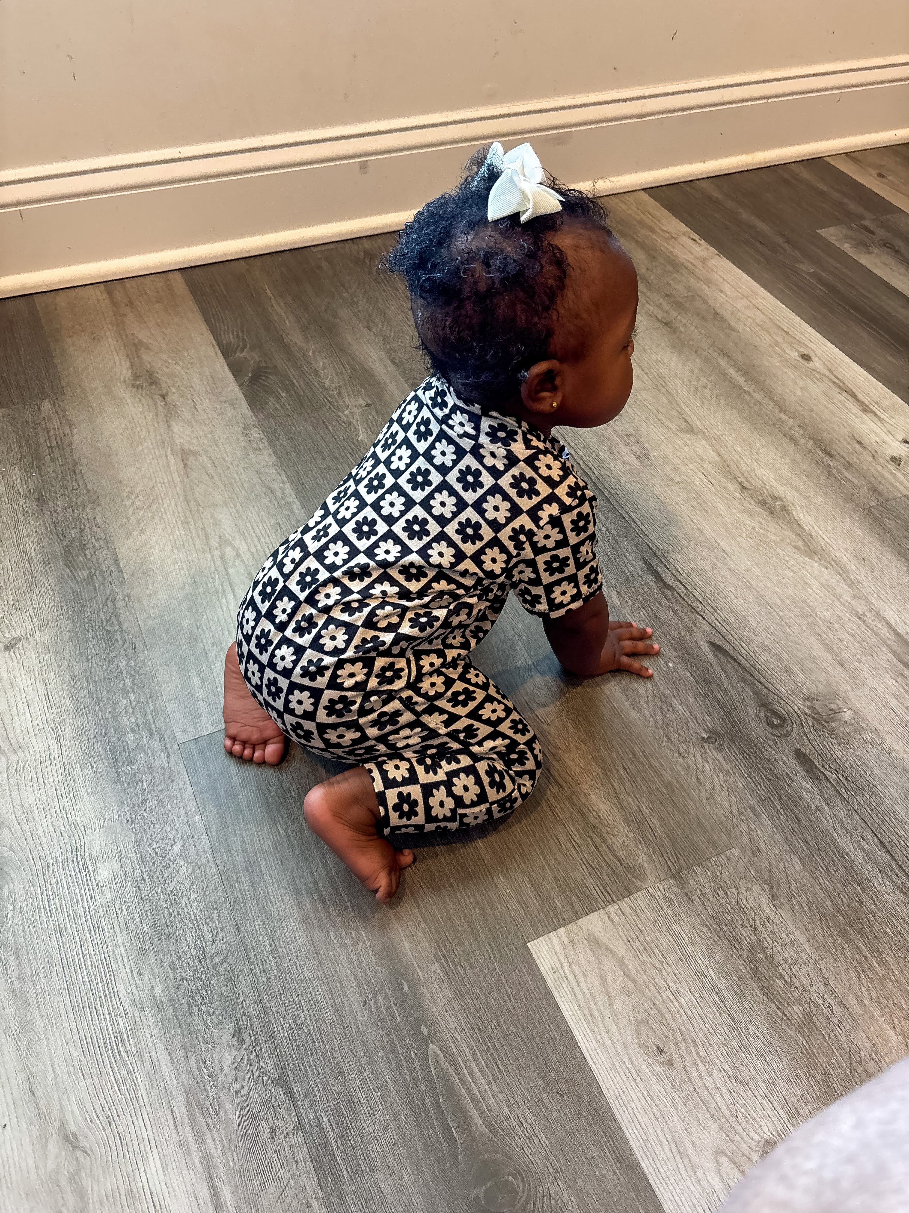 Black and Ivory Checkered Florals Harem Short-Sleeve Romper