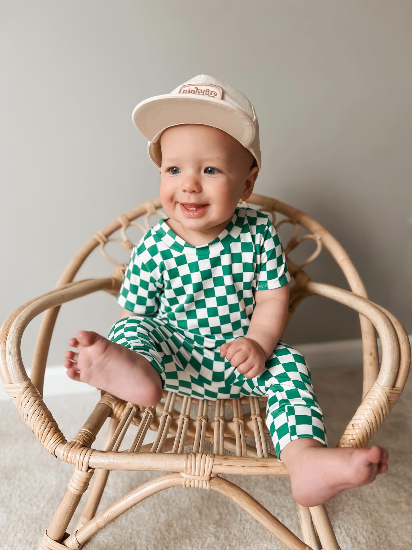baby boy in Green Checkered Harem Romper