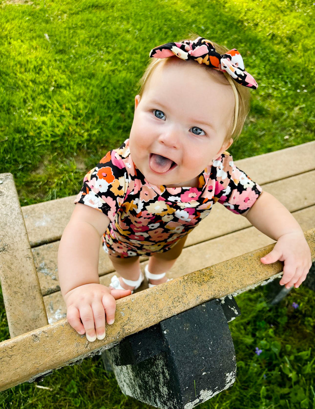 Baby girl wearing Poppies on Black Tiny Knot  Headbands