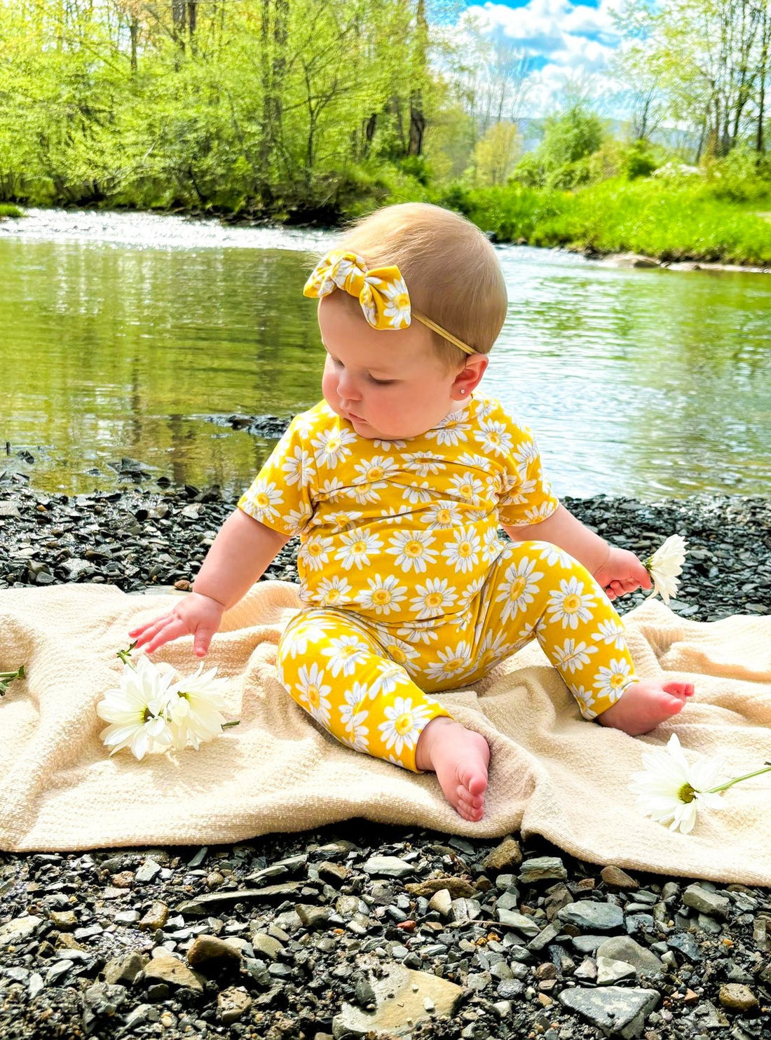 Baby Girl in Spring Daisies on Yellow Harem Romper
