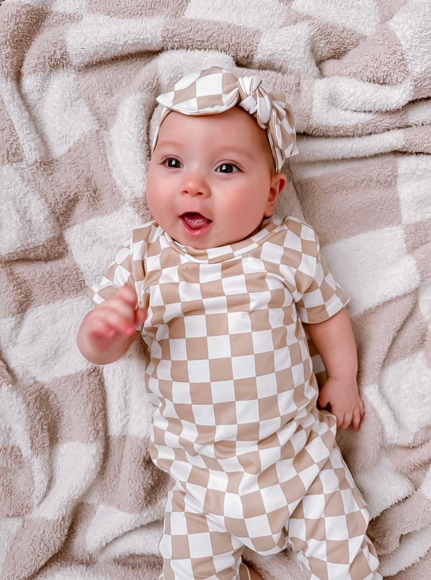 Taupe Retro Checkered Headbands