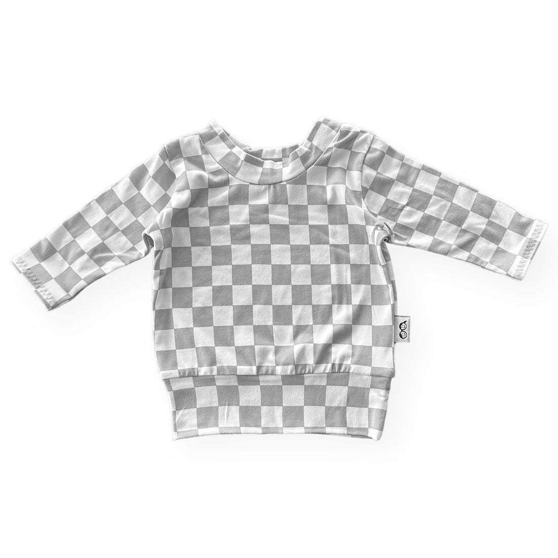 Gray and white checkered long-sleeve shirt on a white background