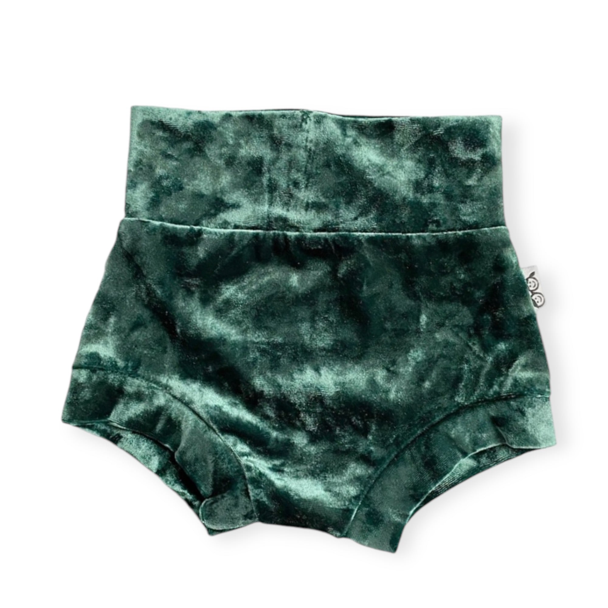 Green Velvet Bummies featuring a soft, high-waisted design. Handmade for babies and toddlers, perfect for holiday celebrations, special occasions, or everyday wear.