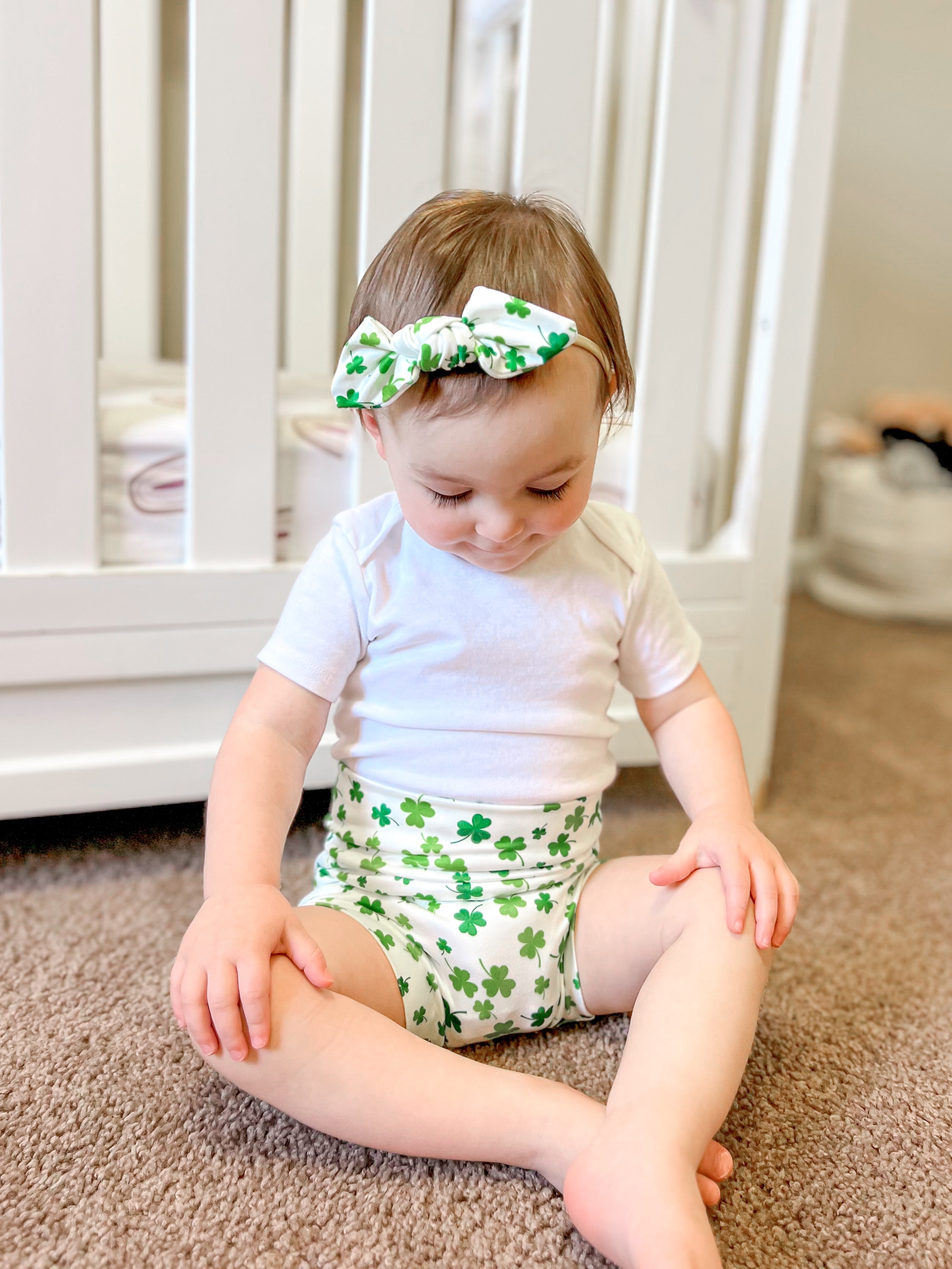 Baby Girl in Dainty Shamrocks Bummies
