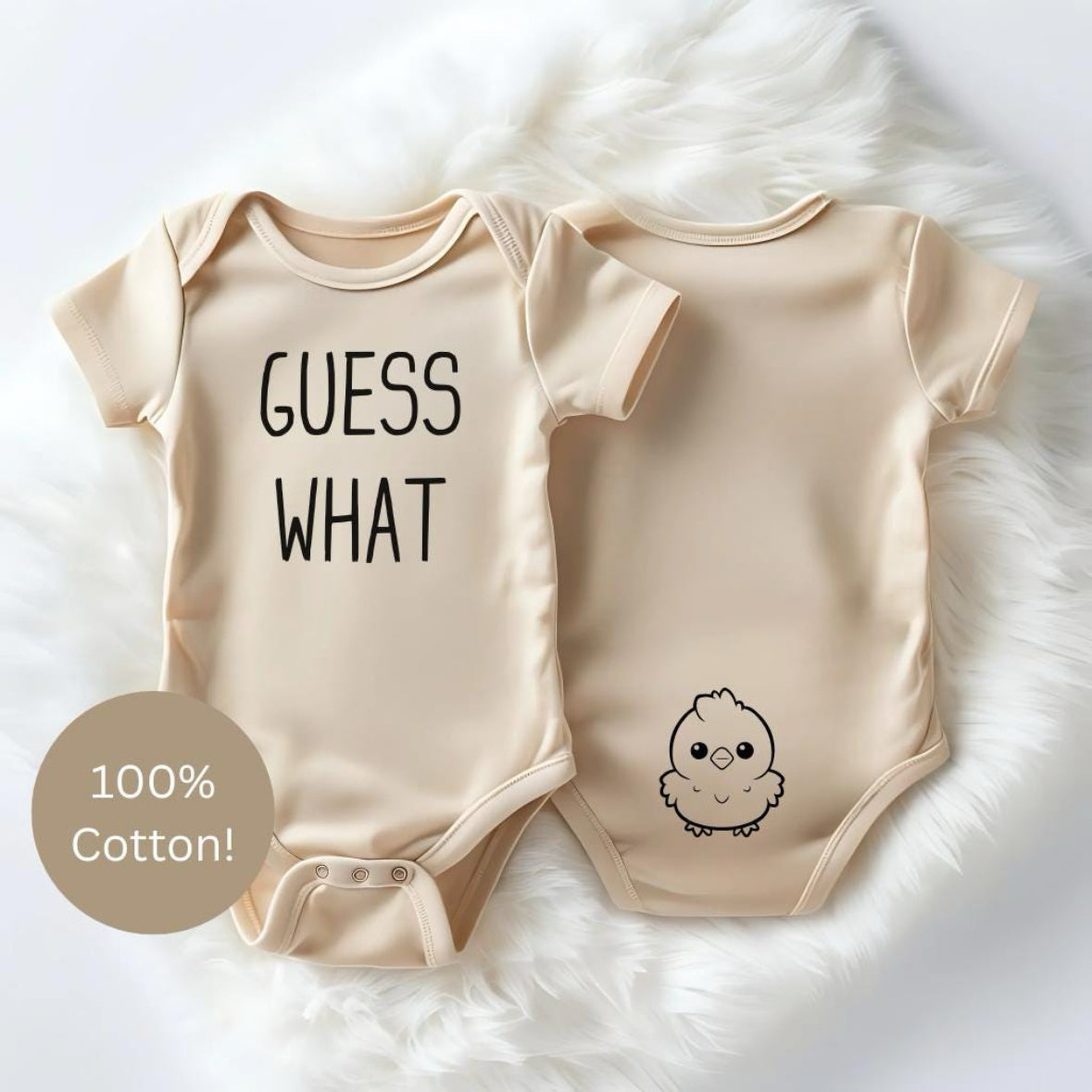 Front view of a natural cotton baby bodysuit with "Guess What?" text – perfect for pregnancy announcements. Back view of a natural cotton baby bodysuit featuring an adorable baby chick illustration – gender-neutral baby outfit.
