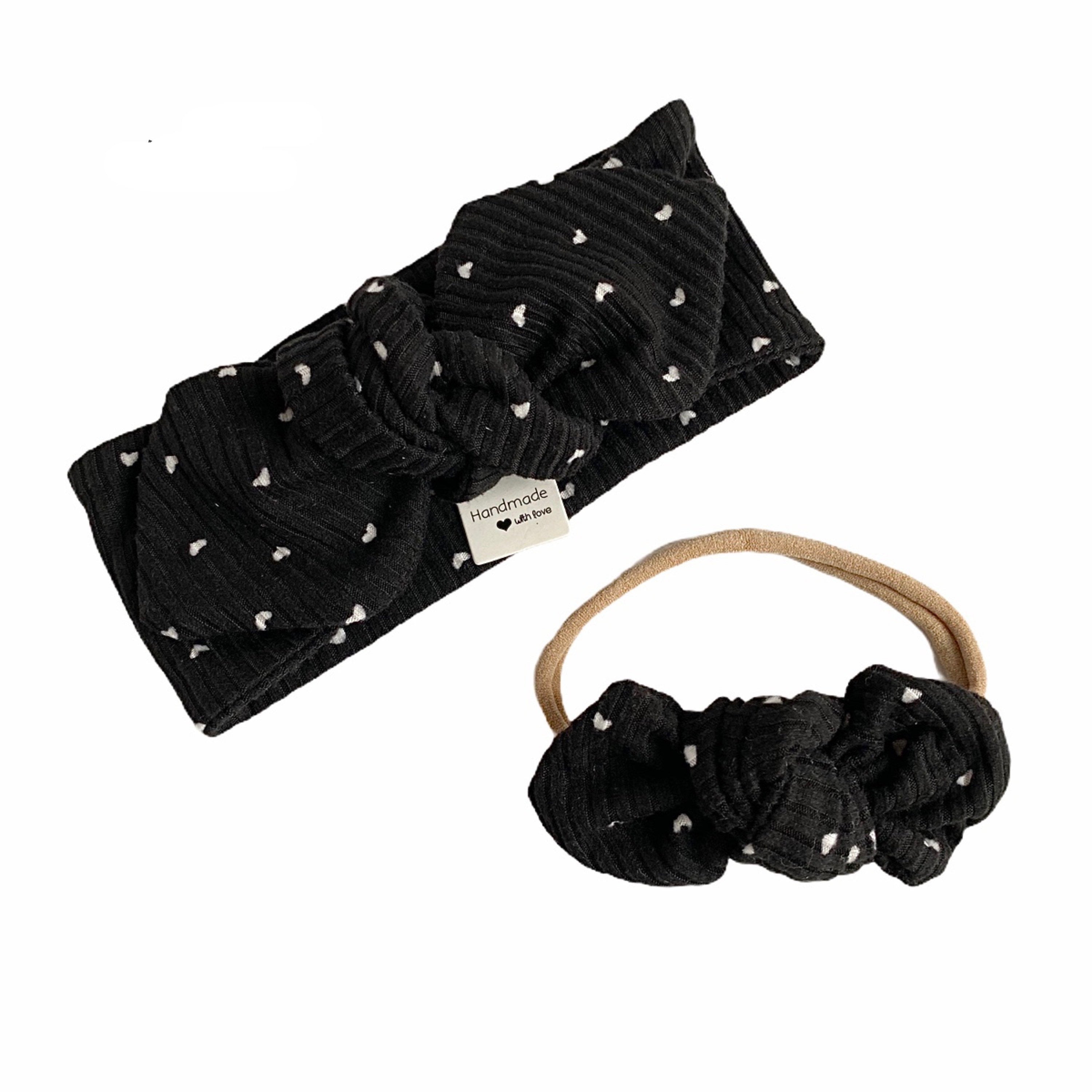 White Hearts on Black Ribbed Headbands