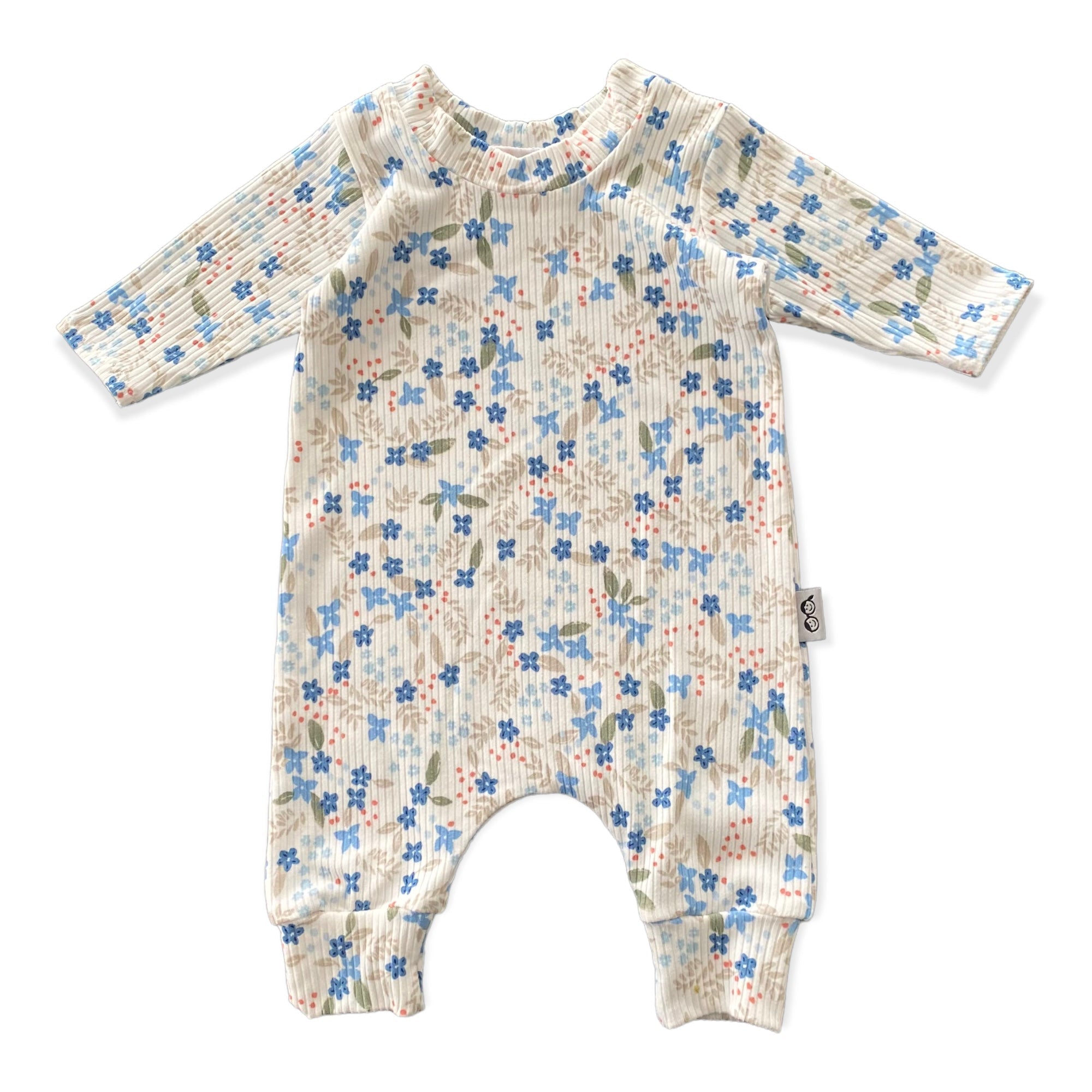 Blue Tone Dainty Flowers on White Ribbed Harem Romper
