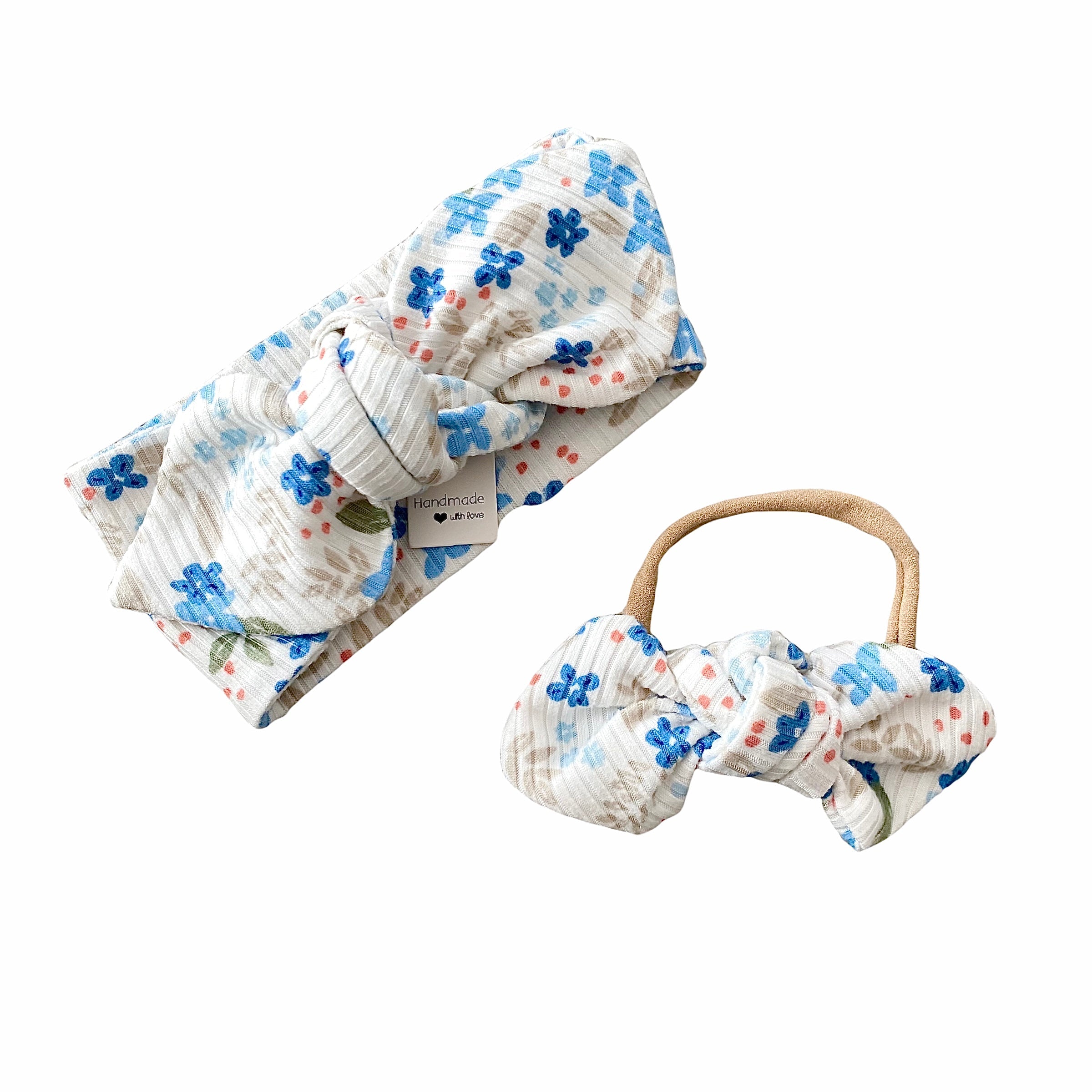Blue Tone Dainty Flowers on White Ribbed Headbands
