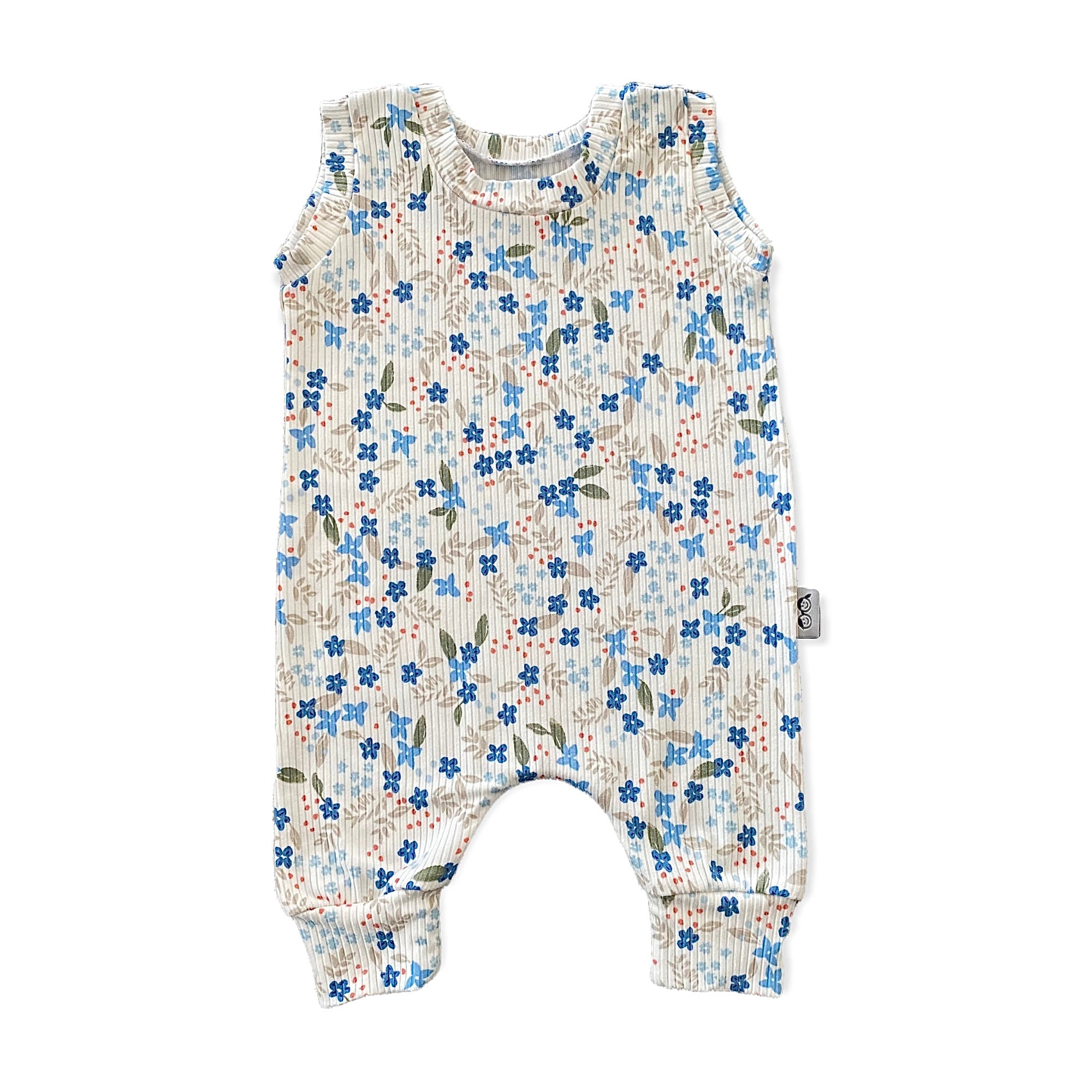 Blue Tone Dainty Flowers on White Ribbed Harem Romper