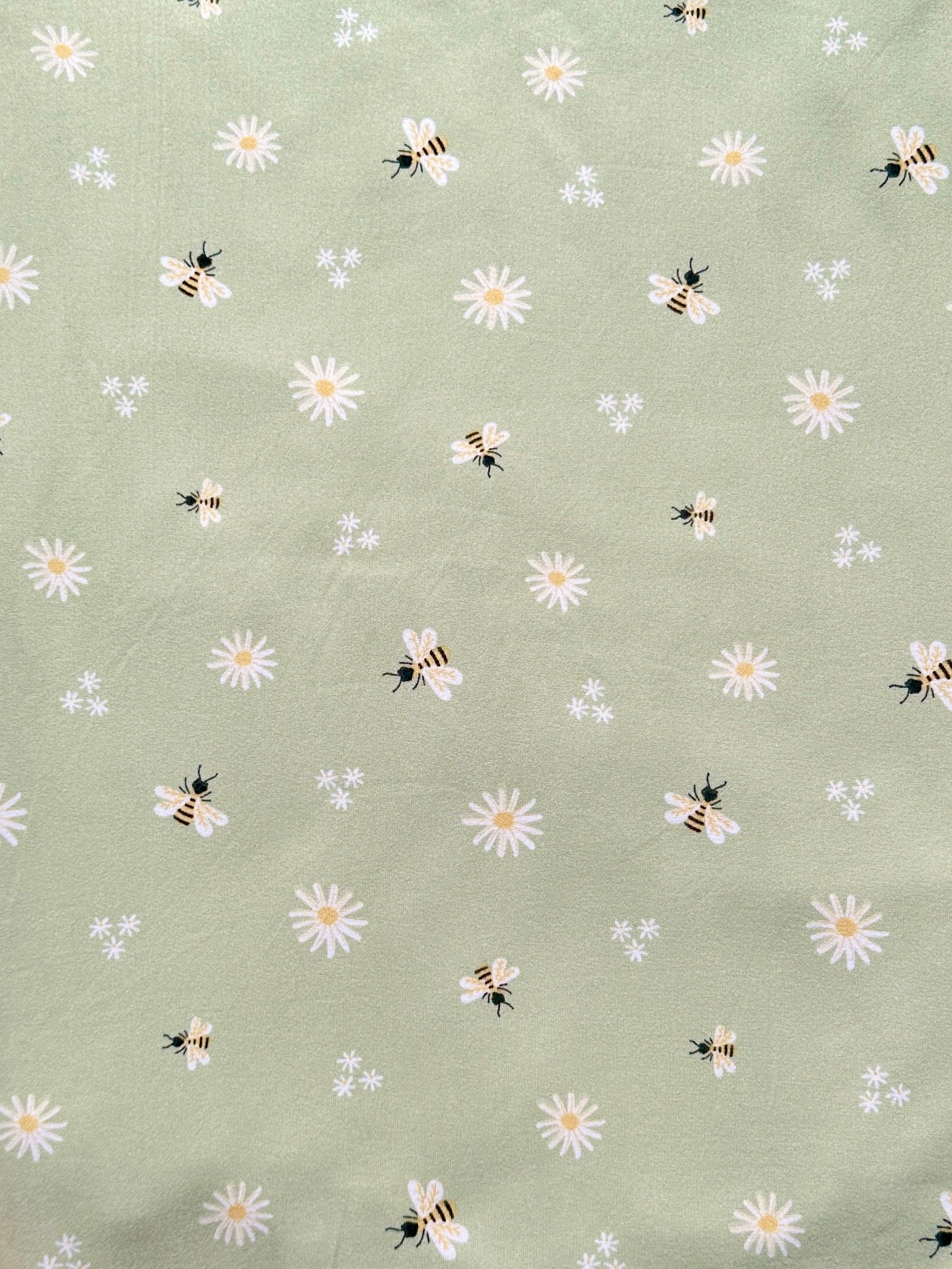 Bees and white daisies on sage green - Limited Vault Fabric