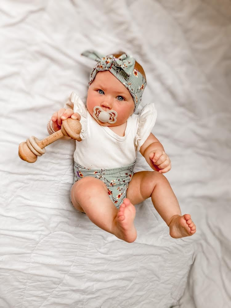 Baby Girl in Dried Floral on Sage Ribbed Headbands