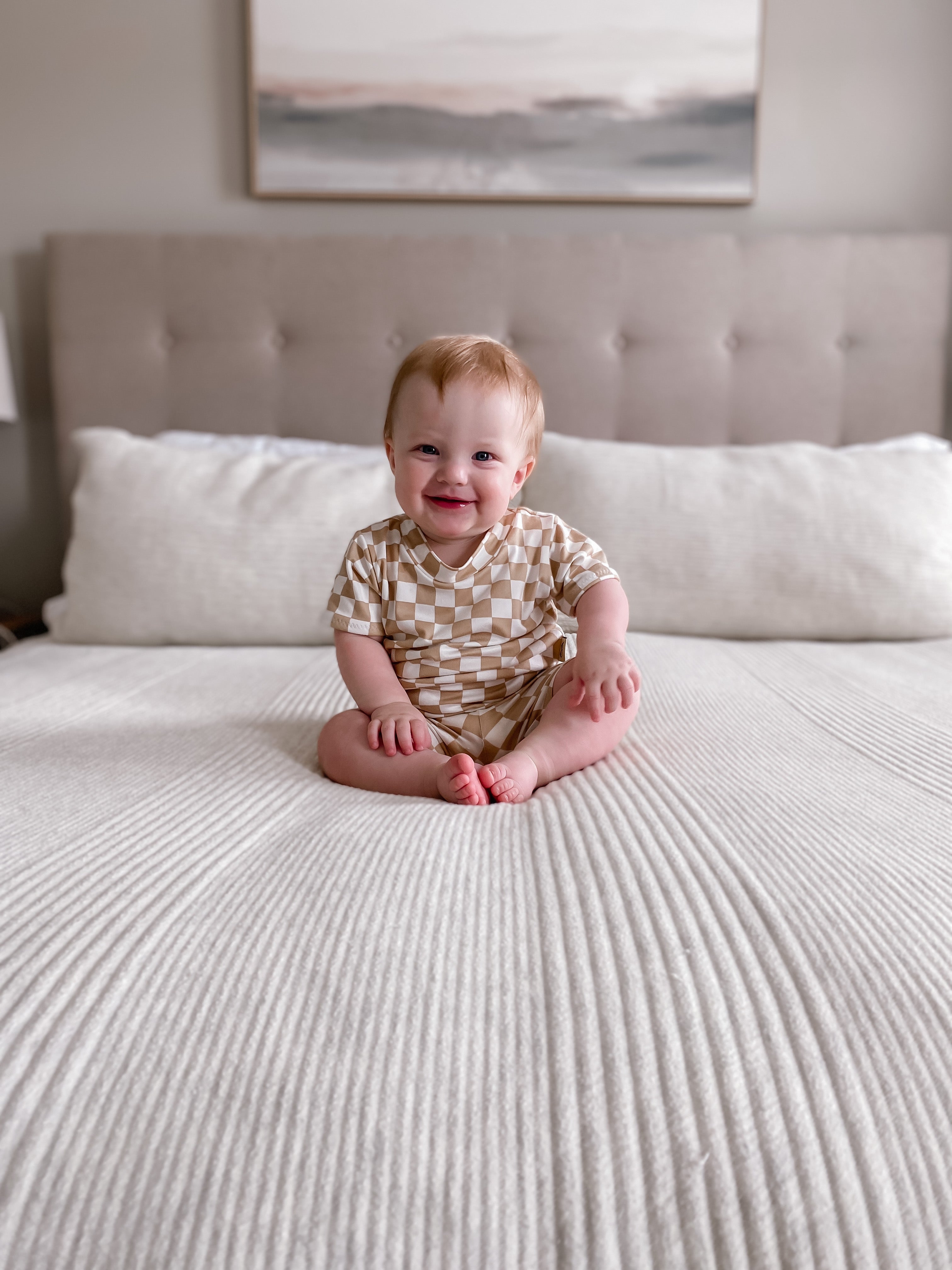 Taupe Retro Checkered Biker Shorts Lounge Set