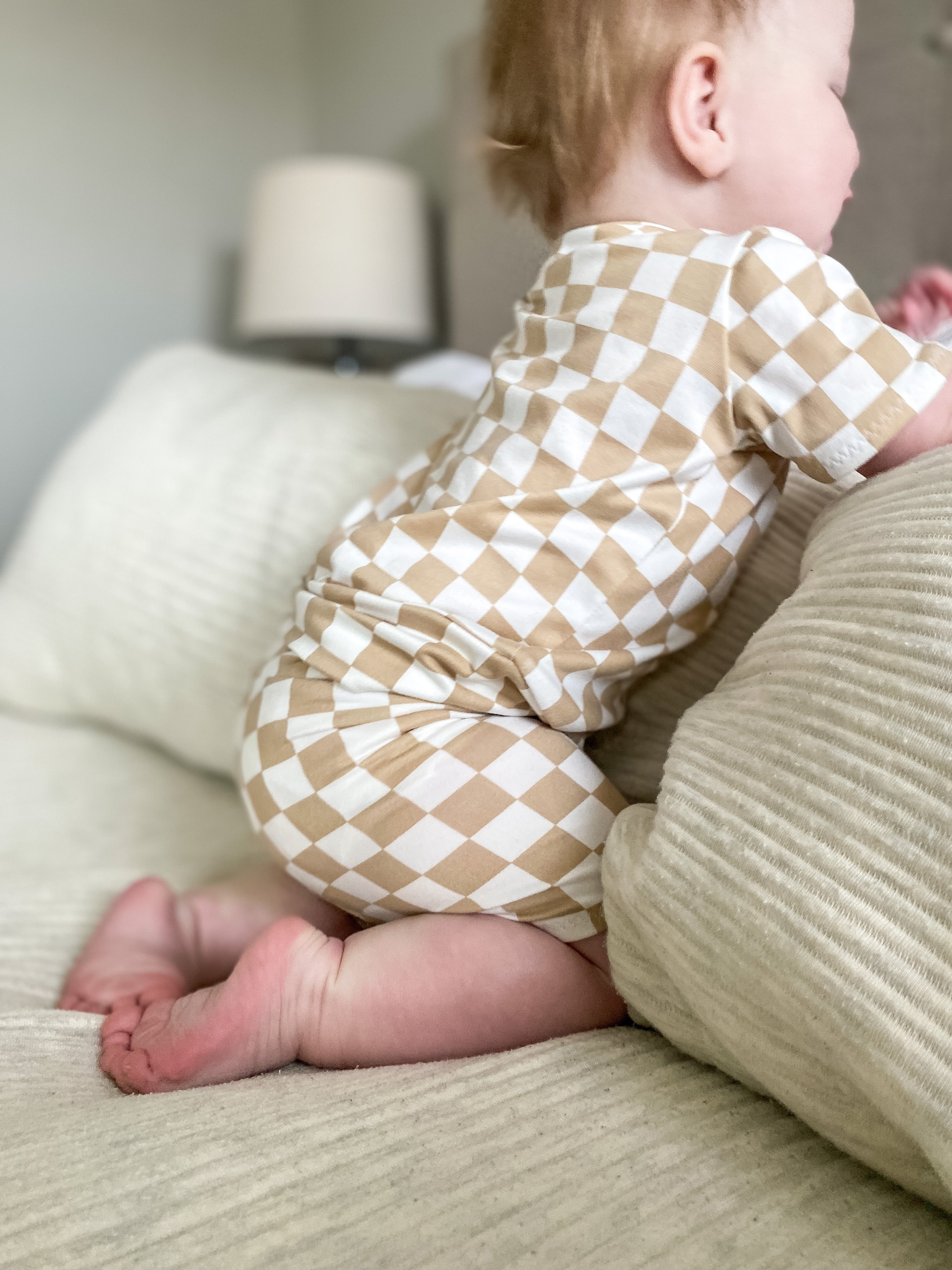 Taupe Retro Checkered Biker Shorts Lounge Set