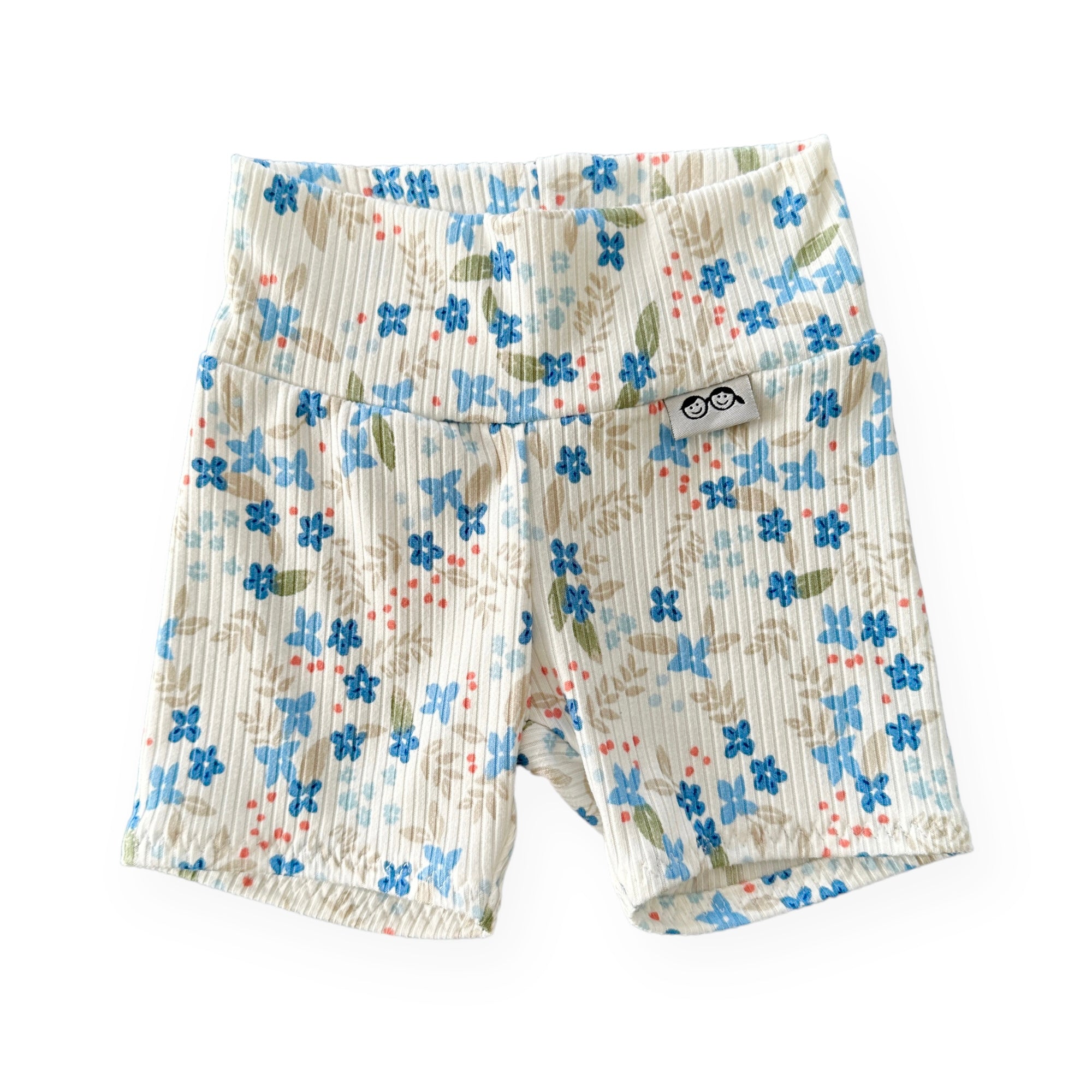 Blue Tone Dainty Flowers on White Ribbed Biker Shorts