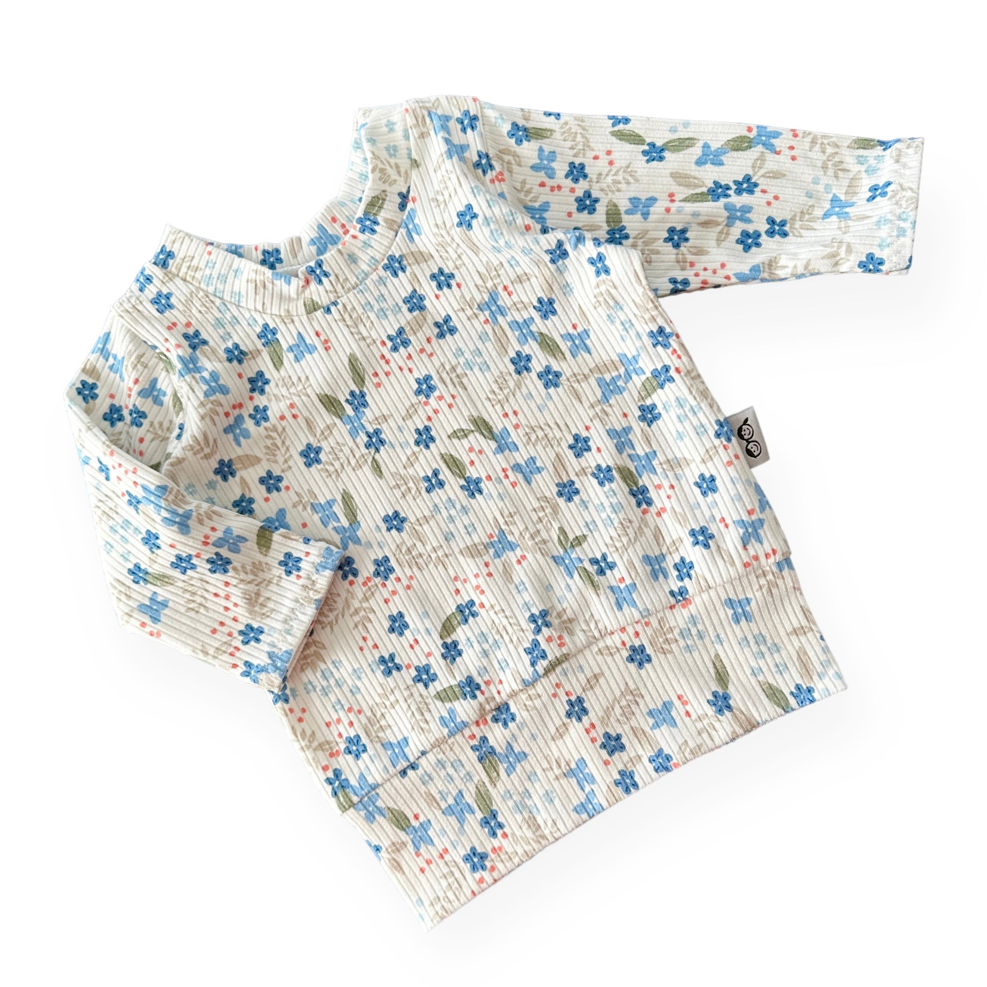Blue Tone Dainty Flowers on White Ribbed Lounge Top