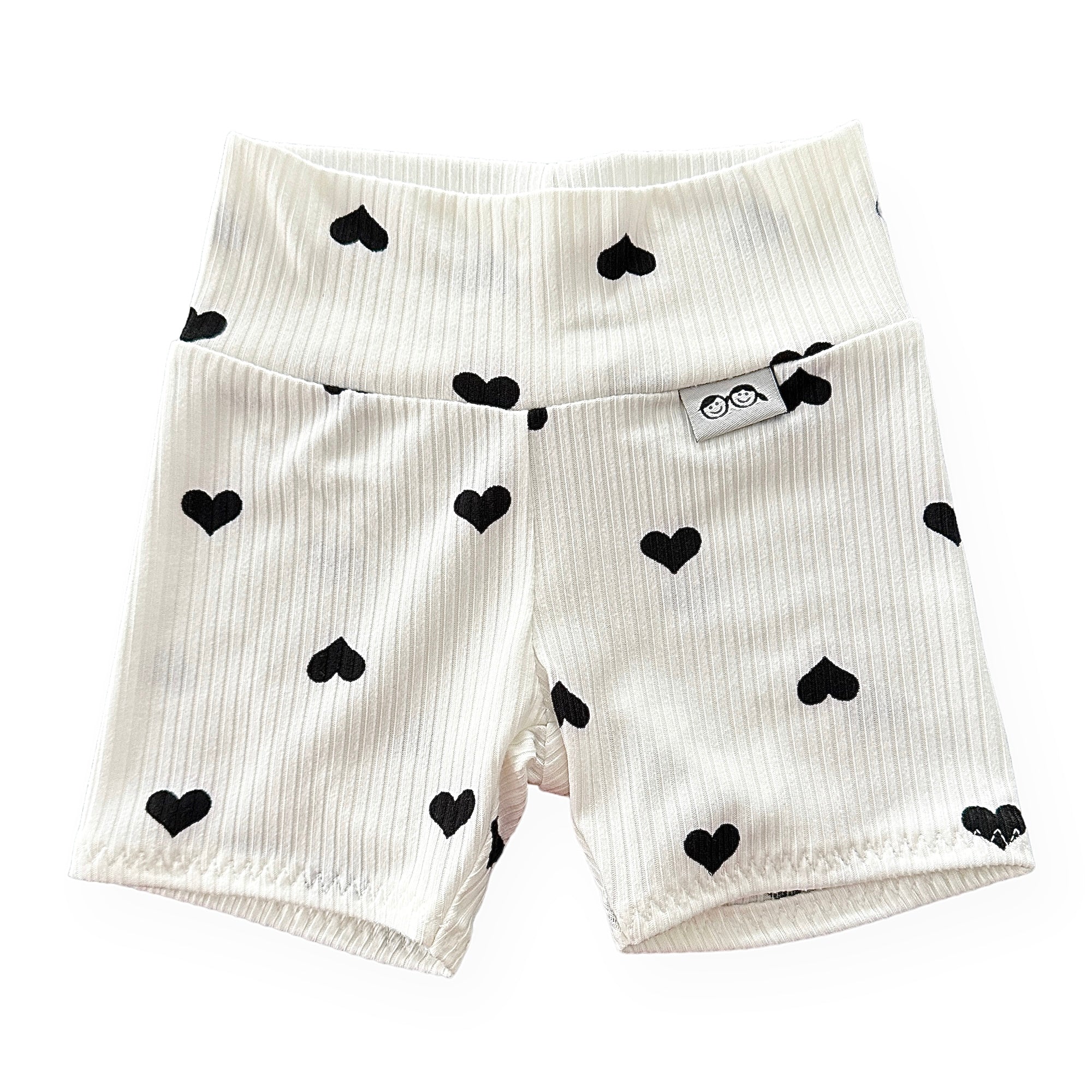 Flipped Black Hearts on White Ribbed Biker Shorts