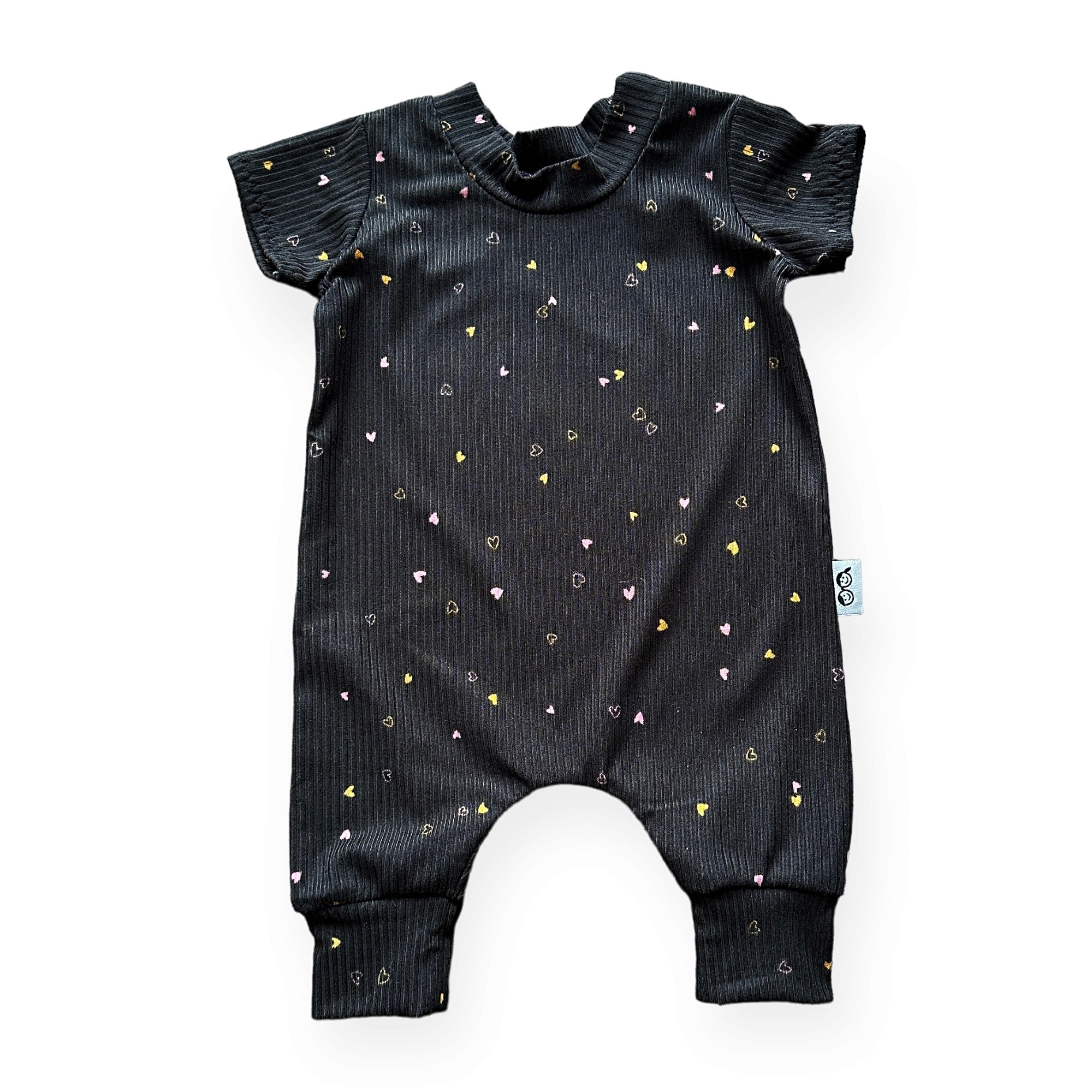 Dainty Hearts on Black Ribbed Harem Romper