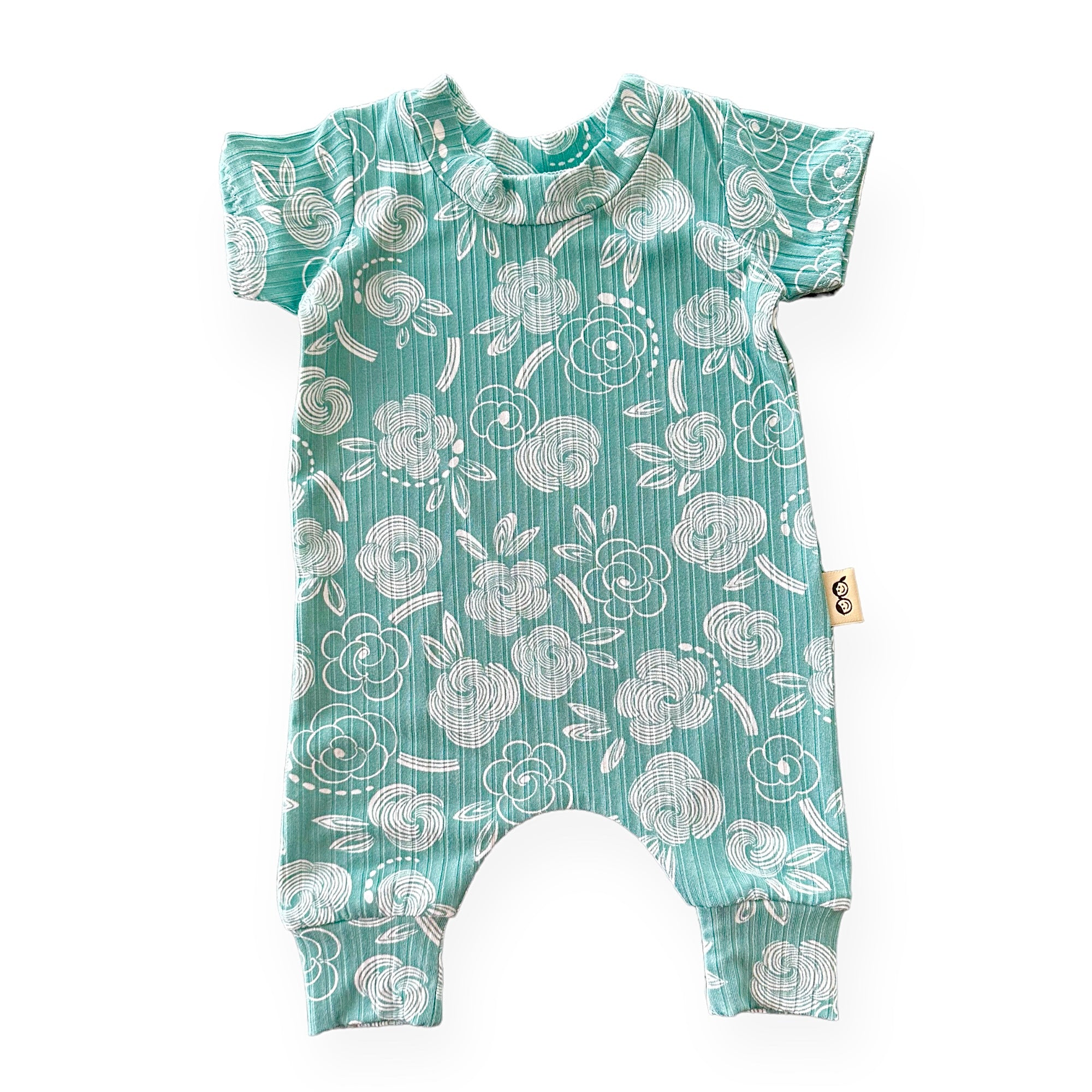 Geo Flowers Seafoam Ribbed Harem Romper