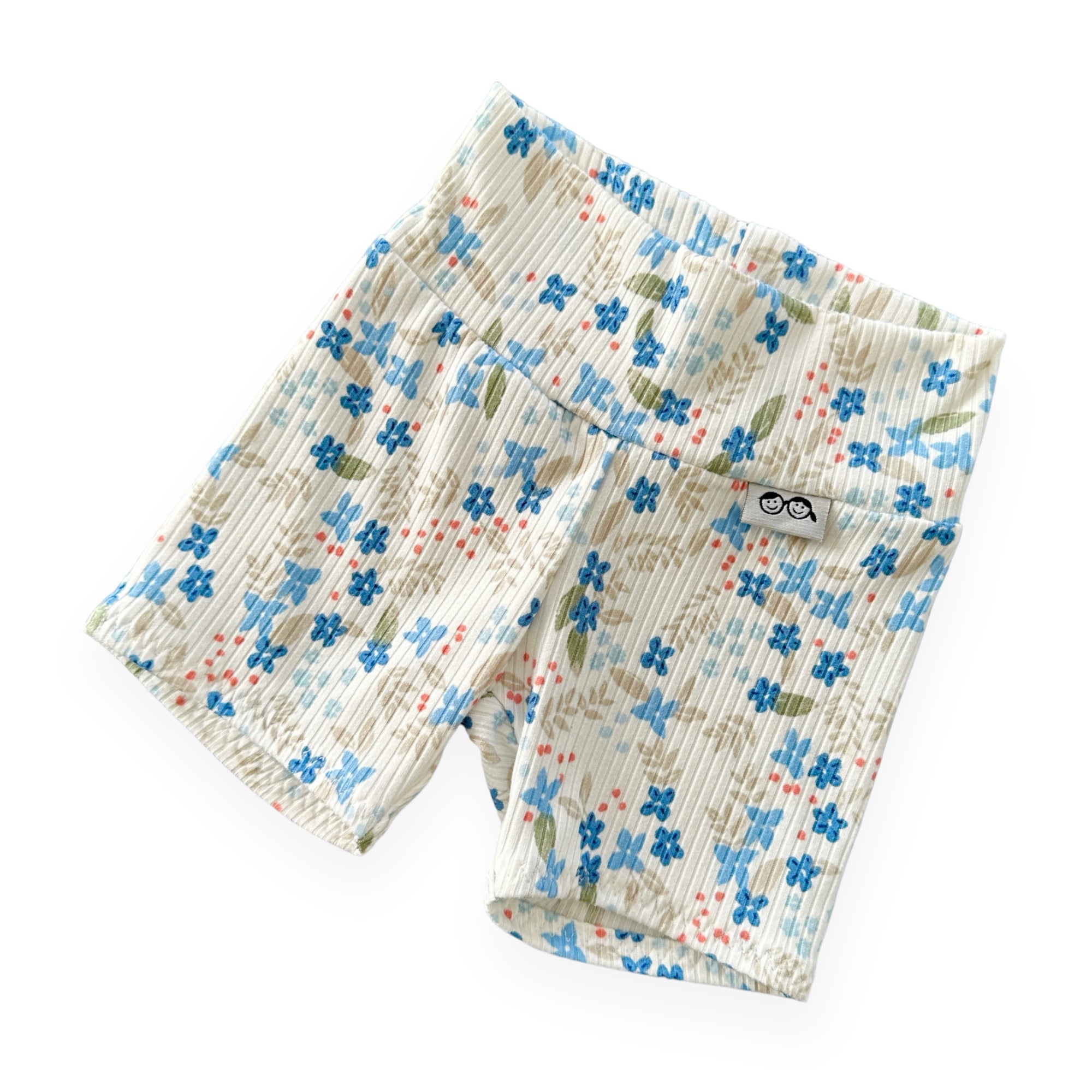 Blue Tone Dainty Flowers on White Ribbed Biker Shorts