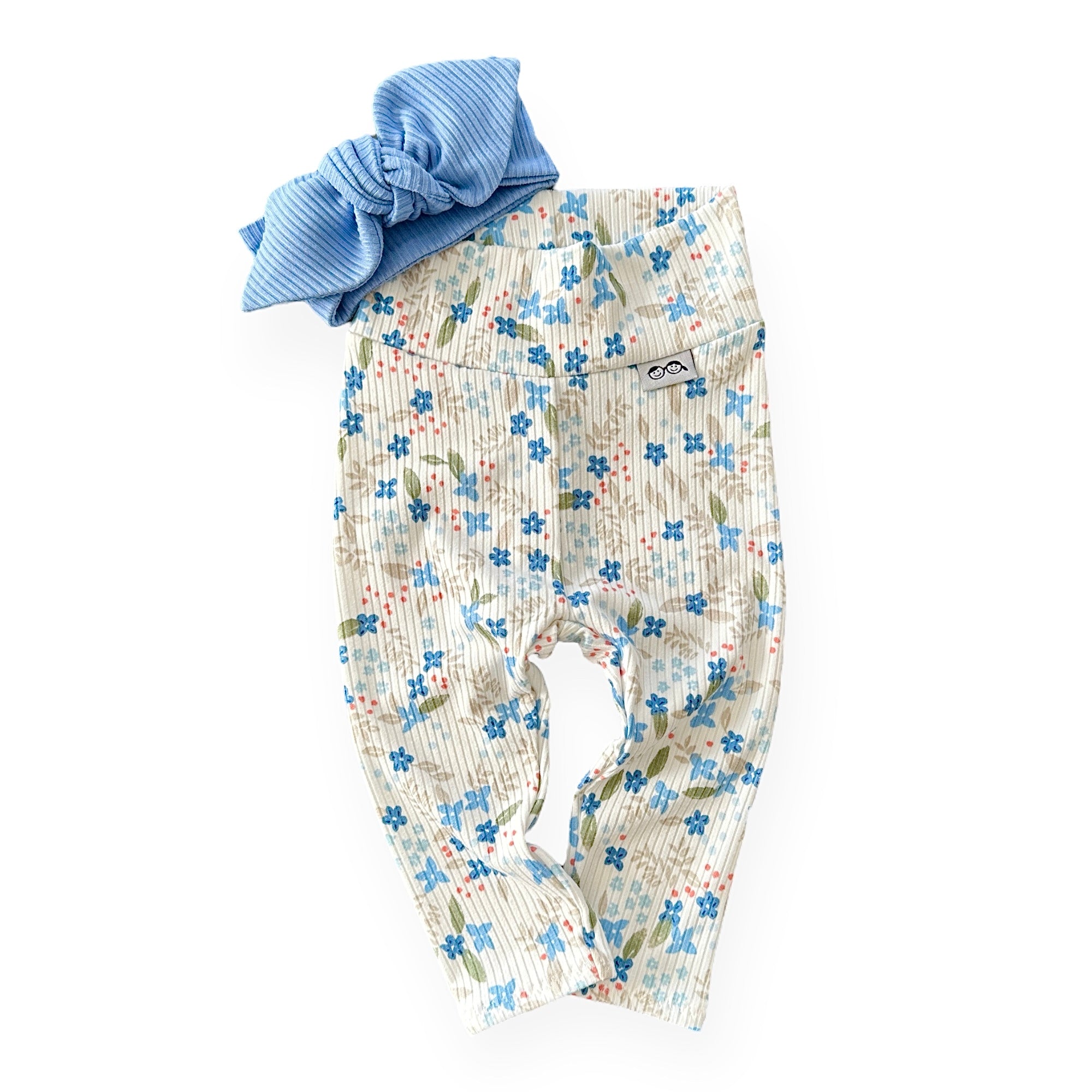 Blue Tone Dainty Flowers on White Leggings with Blue Ribbed Headband
