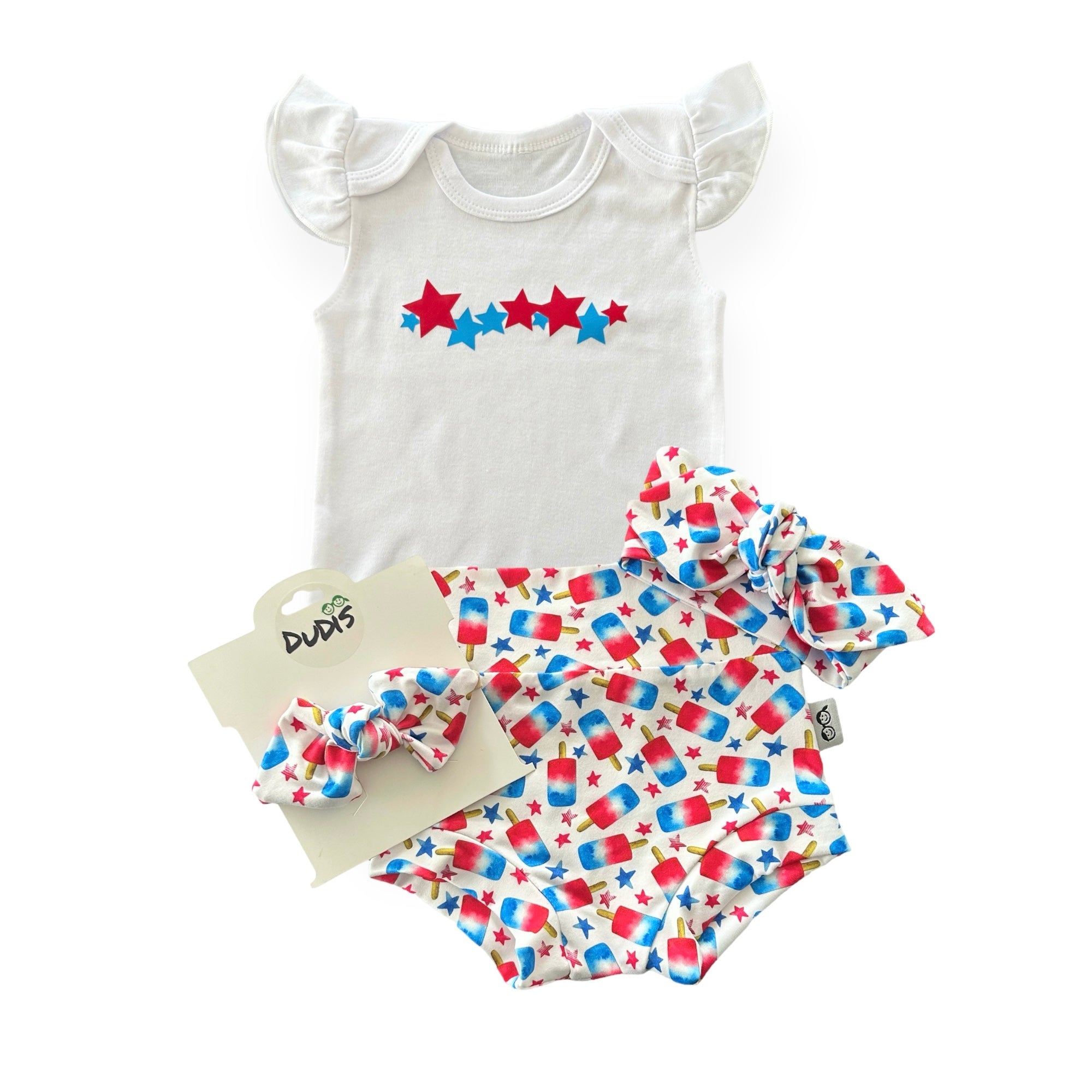 Red Blue Stars Flutter Sleeve White Bodysuit