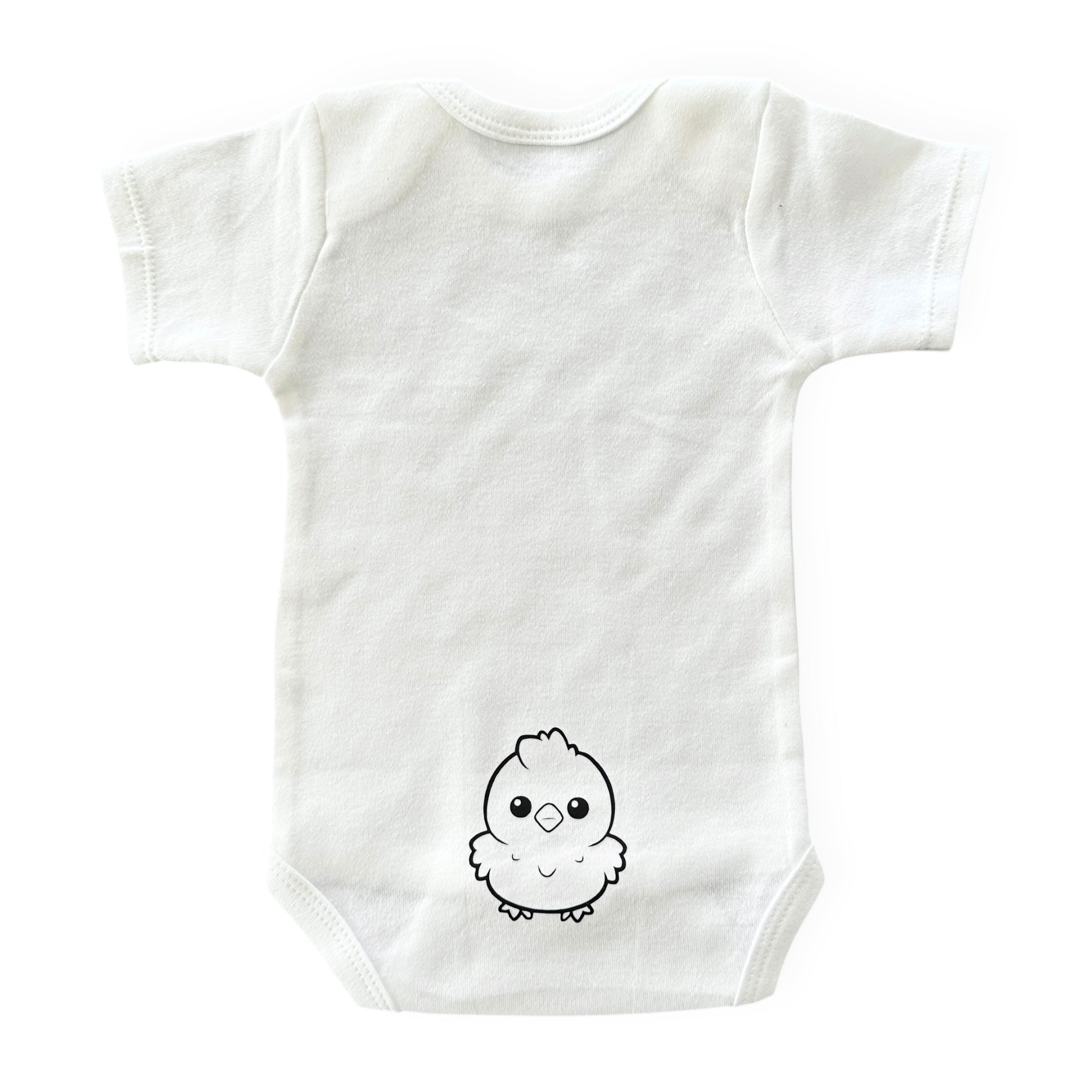 Back view of a white baby bodysuit with a baby chick print – ideal for surprise pregnancy reveals and baby shower gifts.