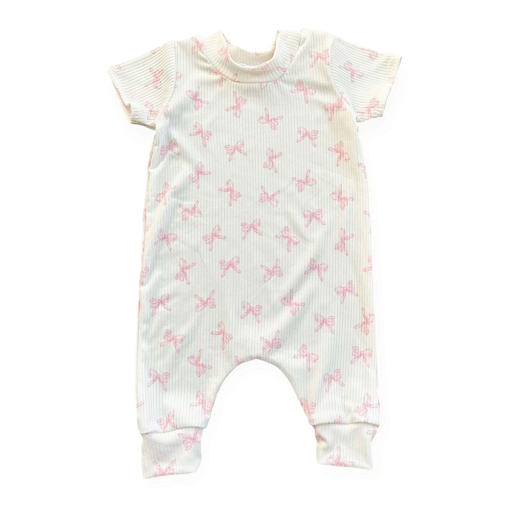 Pink Bows Ribbed Harem Romper