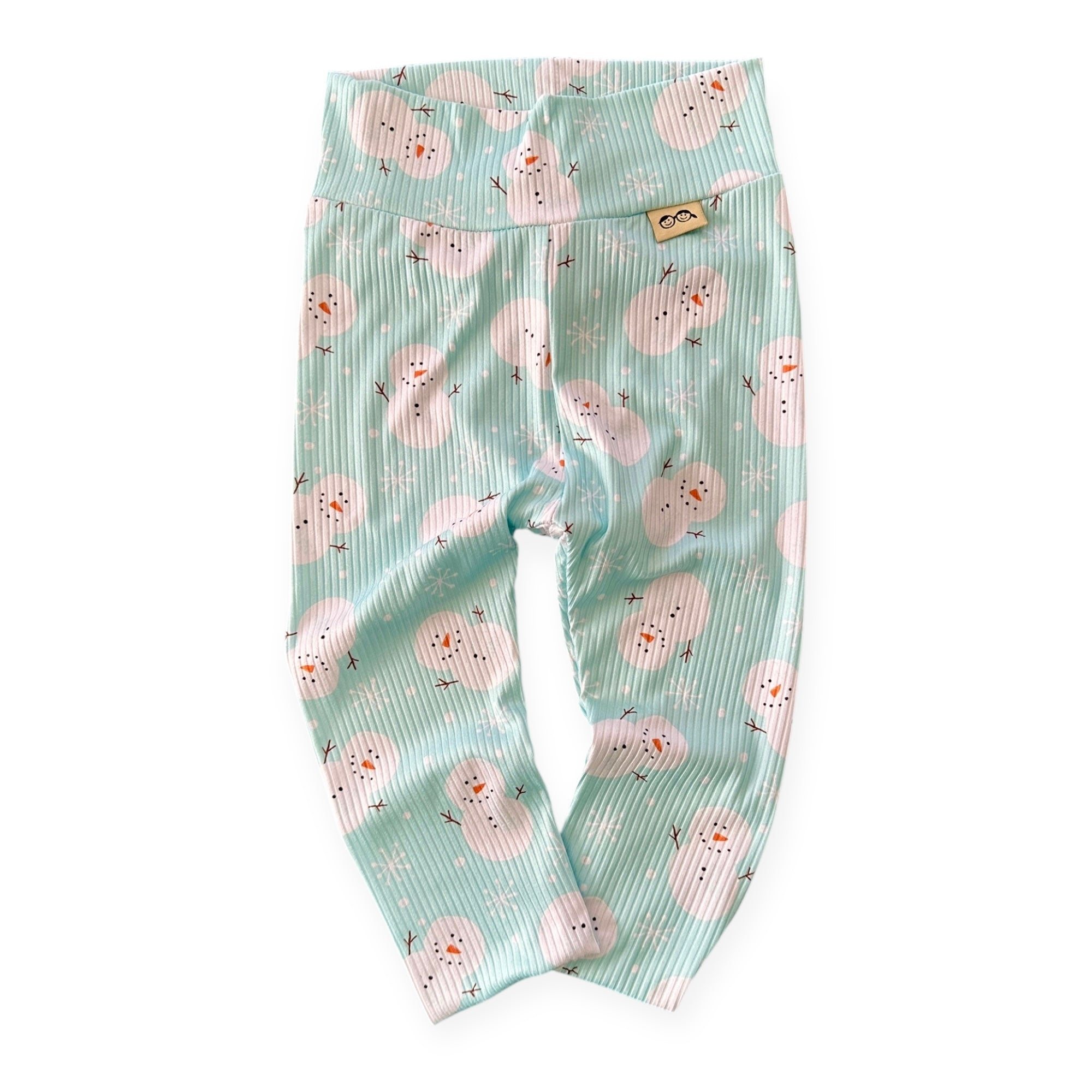 Mint ribbed baby and toddler leggings with cute snowman print – handmade winter holiday clothing.