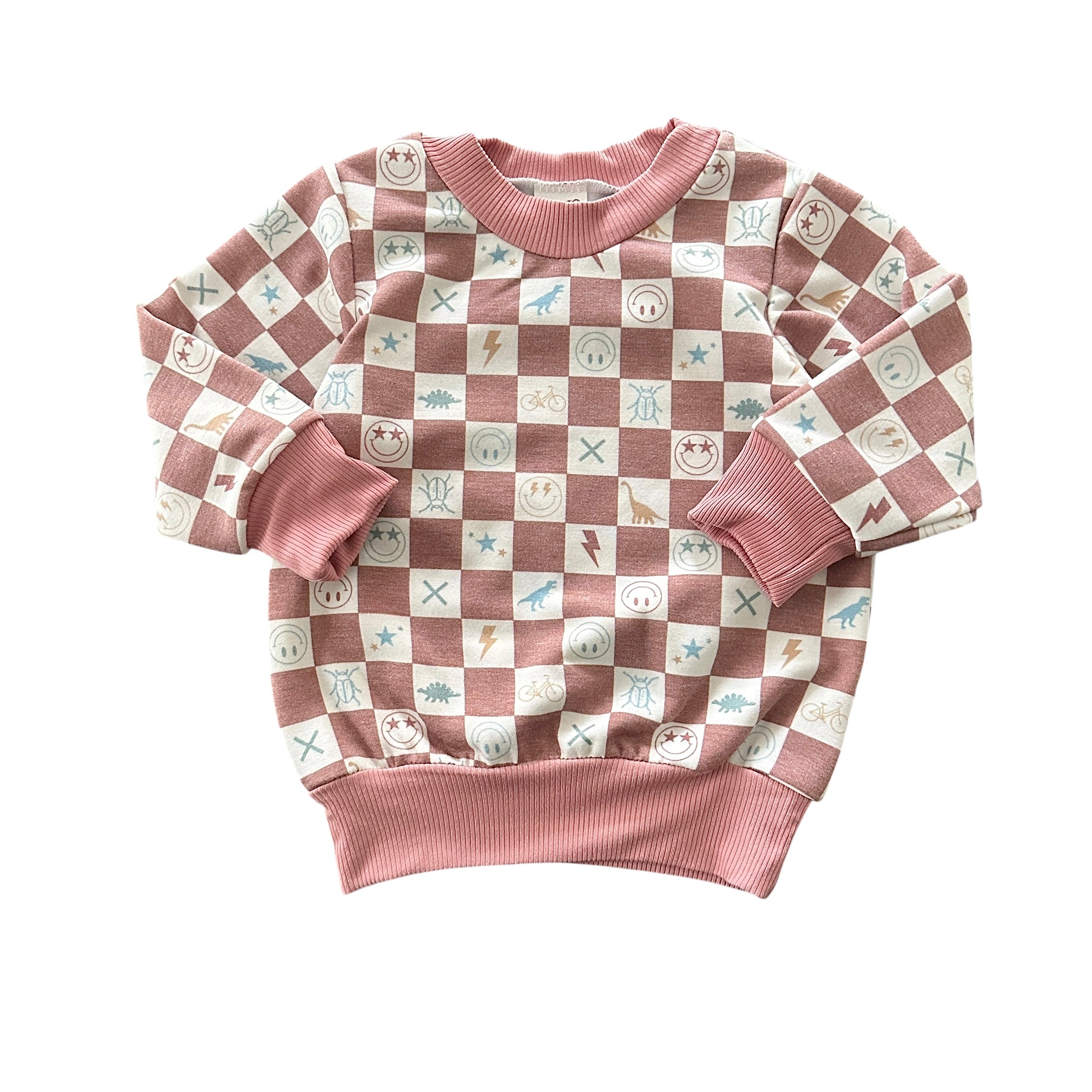 Front view of mauve checker smiley icons baby sweatshirt.