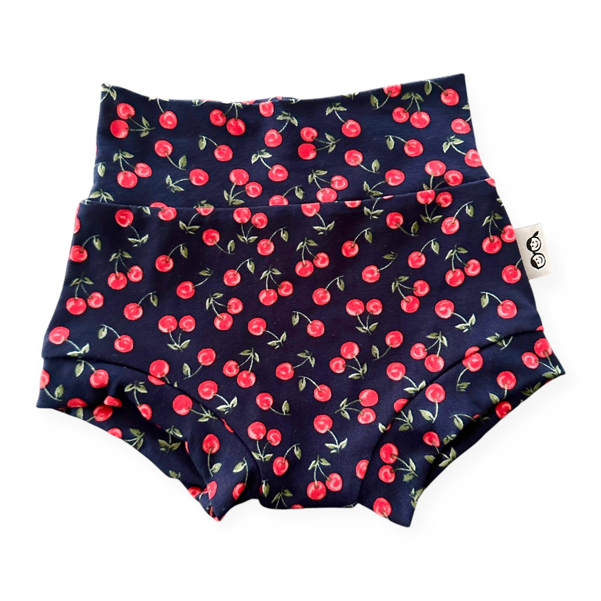 Midnight Cherries baby bummies – navy blue baby shorts with a cherry pattern. Handmade baby girl bloomers, perfect diaper covers for summer.