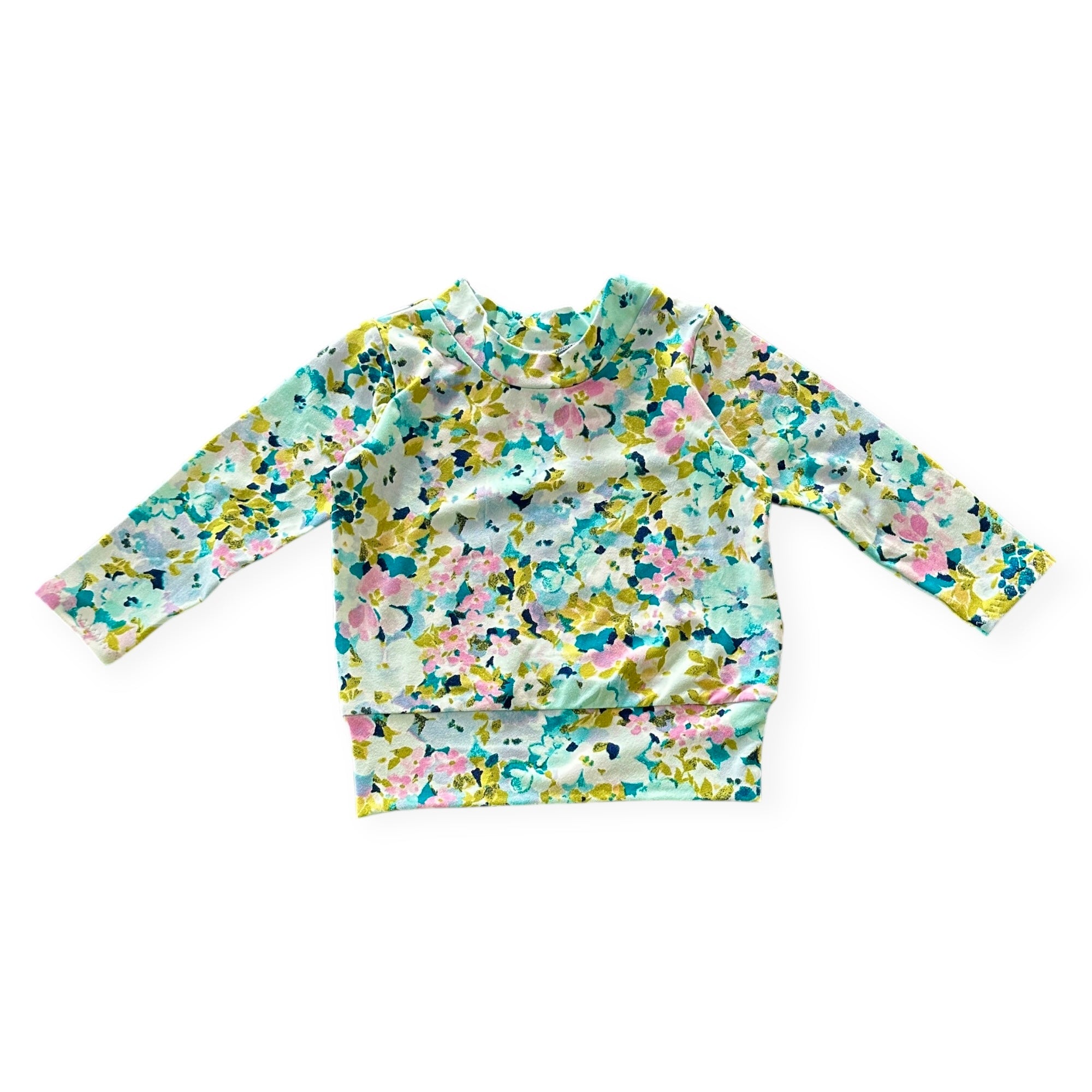 Floral patterned long-sleeve shirt on a white background