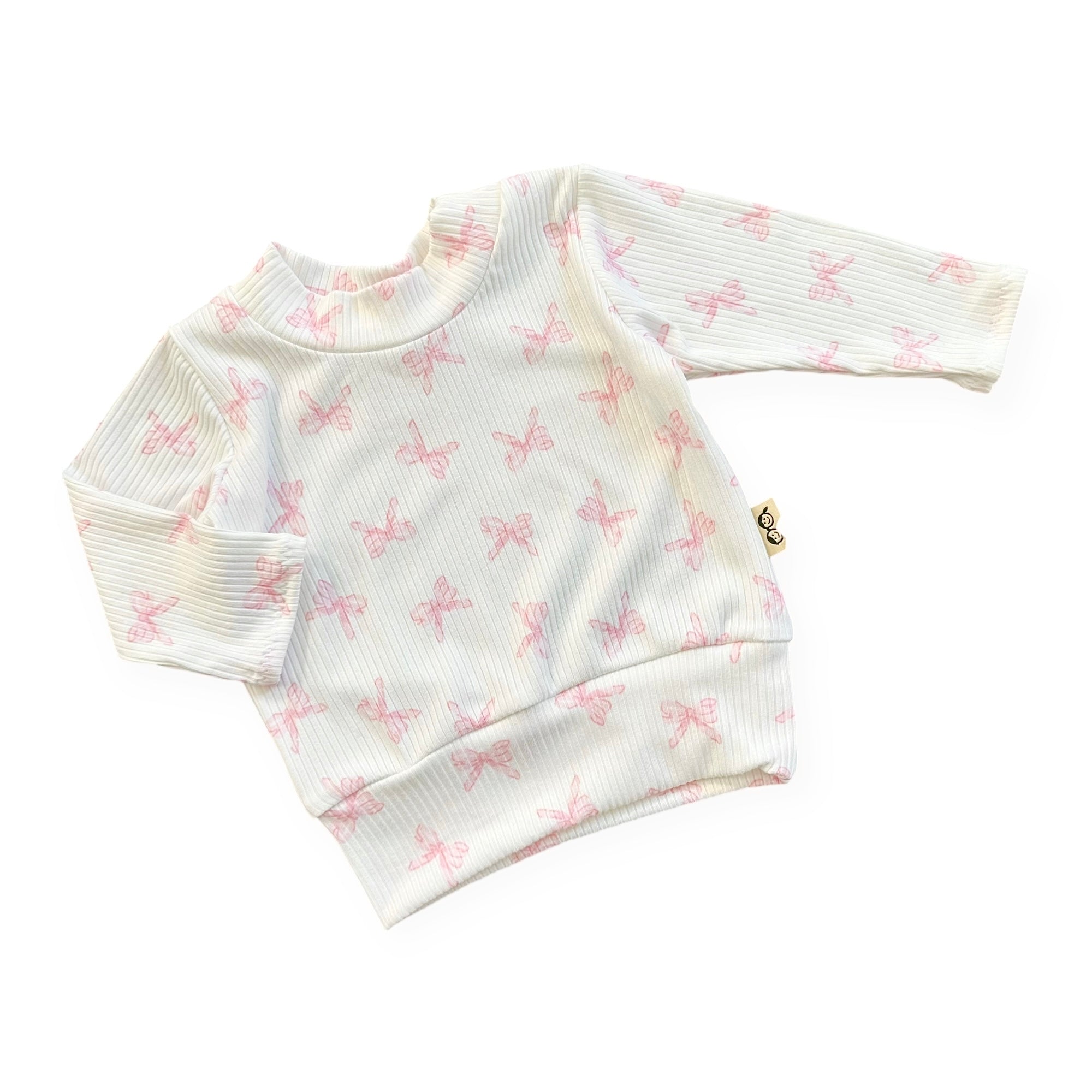 Long sleeve pink bows ribbed baby top, soft handmade toddler shirt