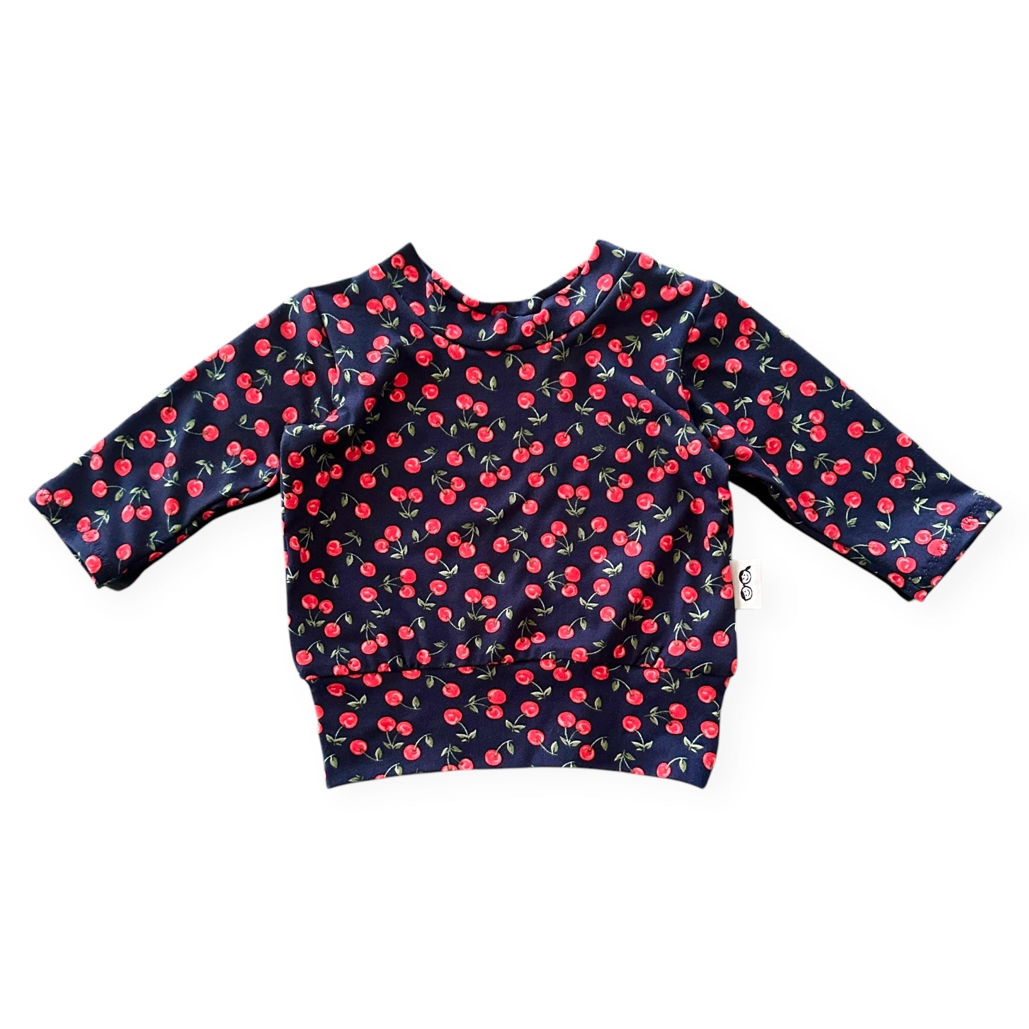 Long sleeve cherry print pullover for babies and toddlers – trendy and cozy stretch knit top. Perfect for fall and winter layering, handmade with love.