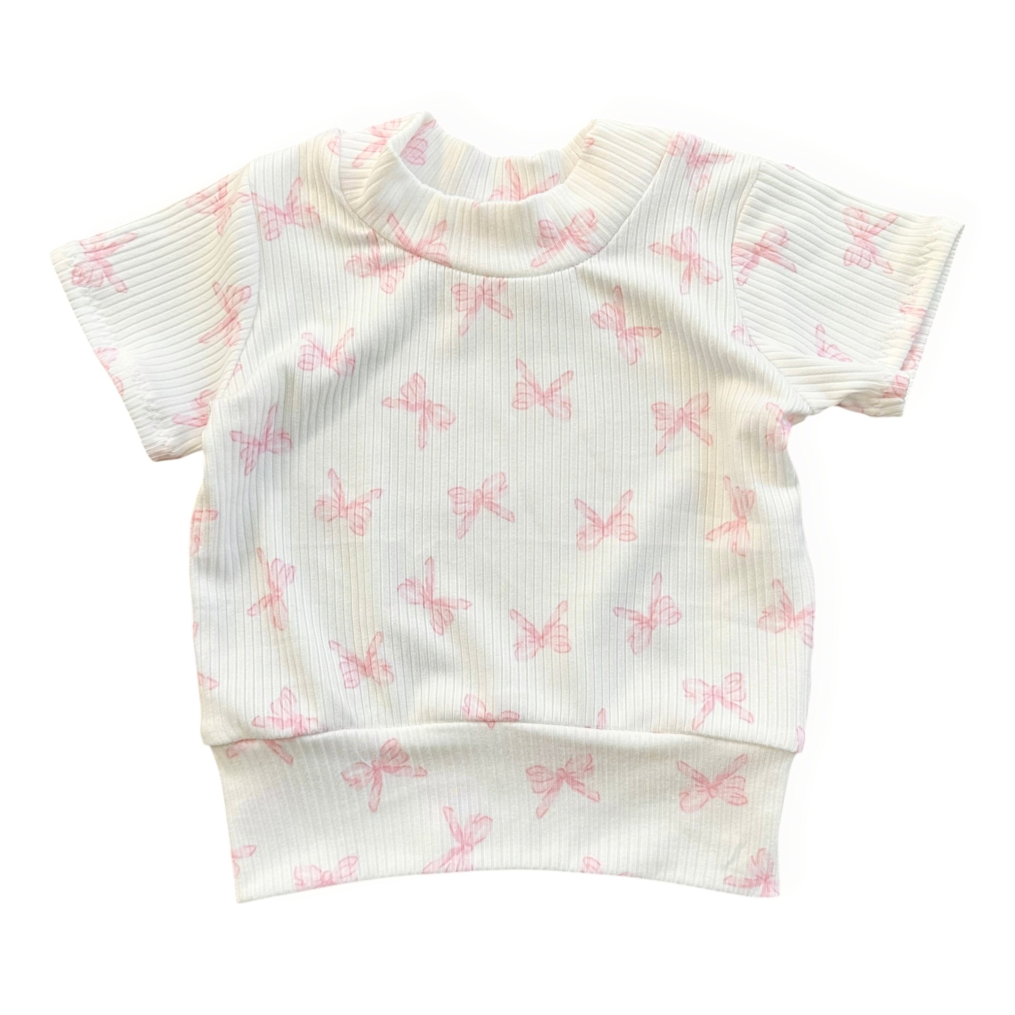 Pink bows ribbed baby top with short sleeves, handmade cotton toddler shirt