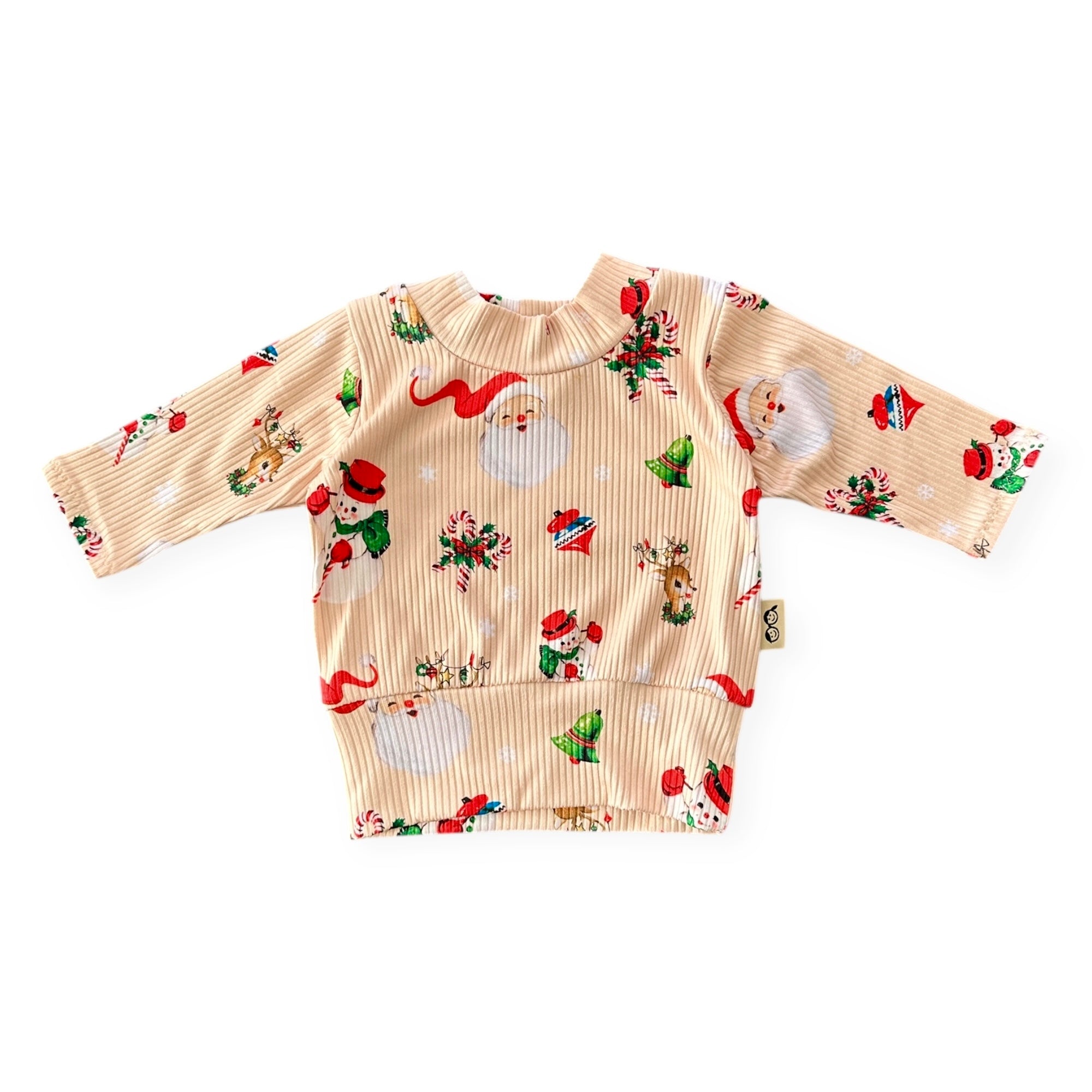Retro-style Christmas ribbed baby top with Santa, reindeer, and wreath print – handmade holiday outfit.