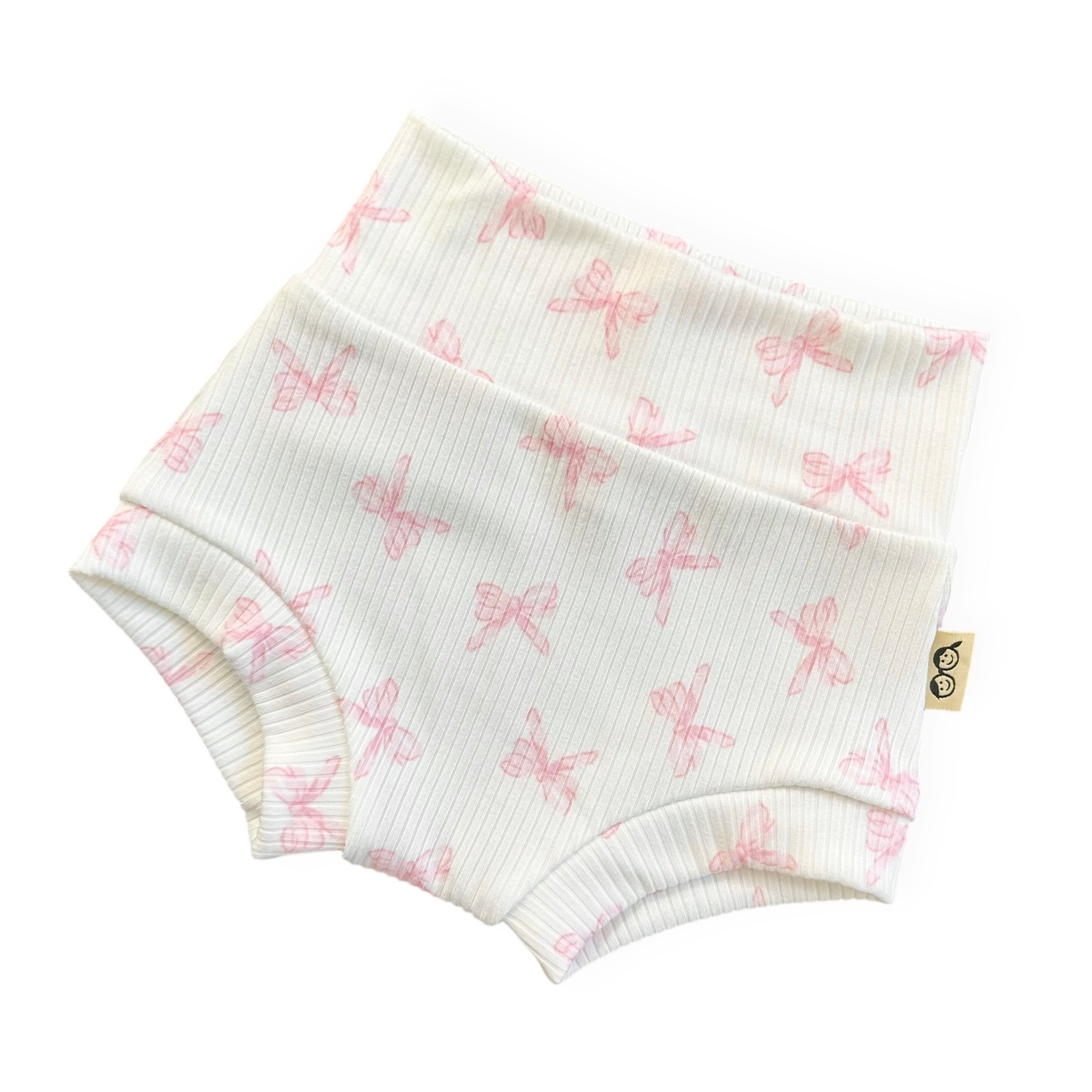 Ribbed baby bummies with pink bow print, stretchy handmade toddler bottoms