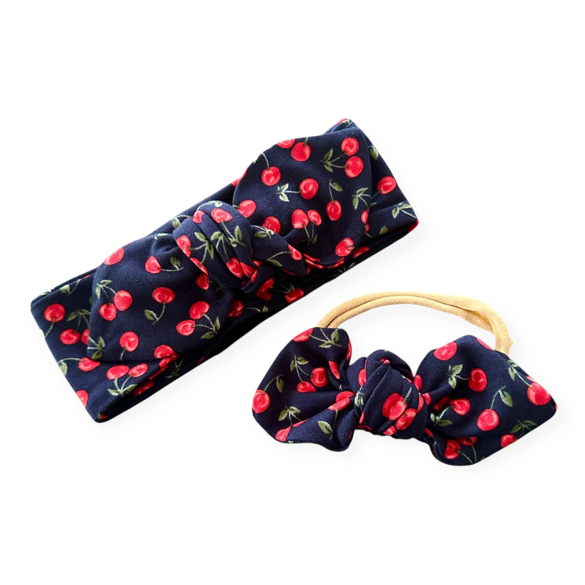 Midnight Cherries Headband Set - Baby & Toddler Hair Accessories | Handmade Cherry Print Headbands | Top Knot, Tiny Knot, or Clip Options | Soft & Stretchy Baby Girl Bow | Newborn Headband, Infant Hair Bow, Kids Hair Clip