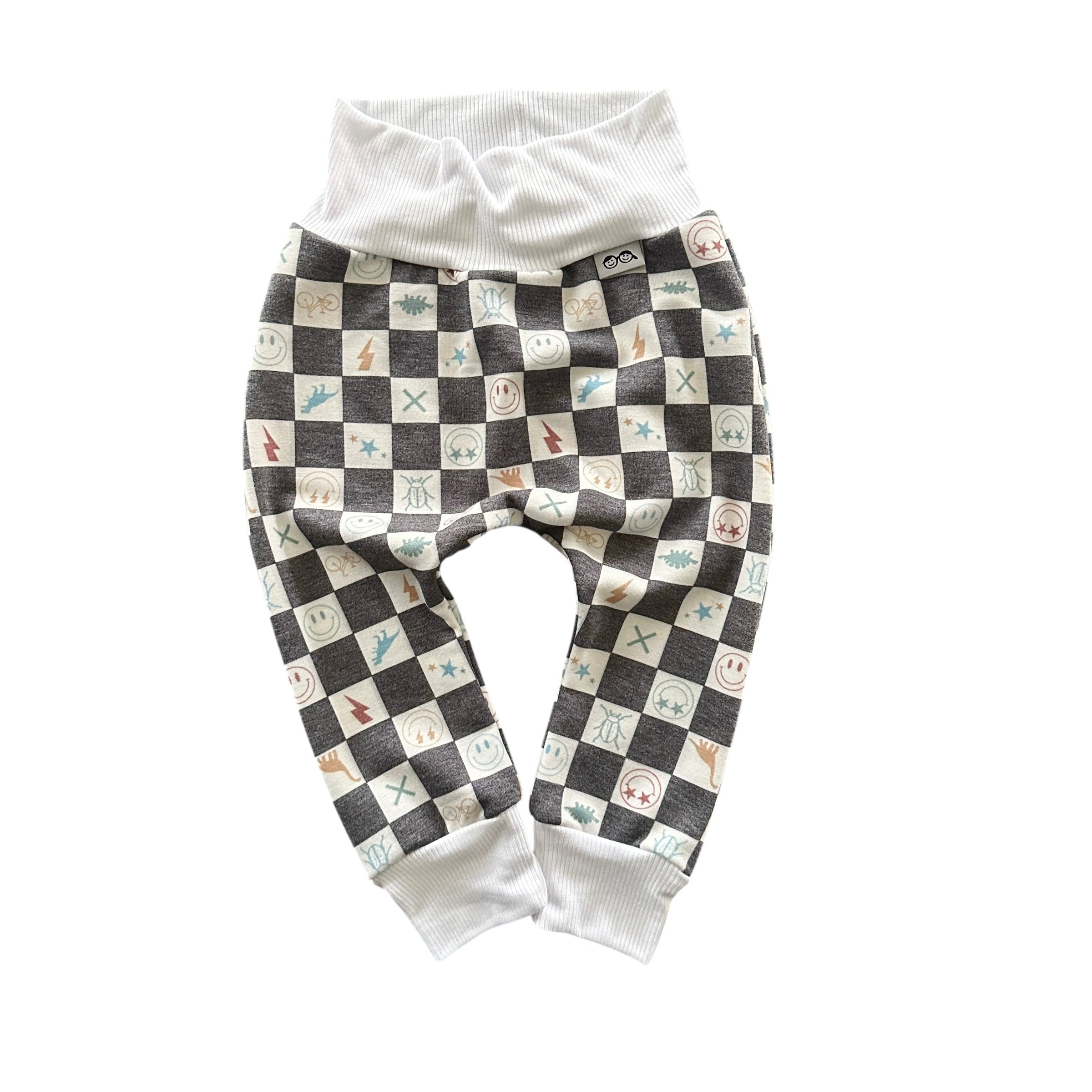 Charcoal checker smiley icons baby lounge pants with soft white waistband.