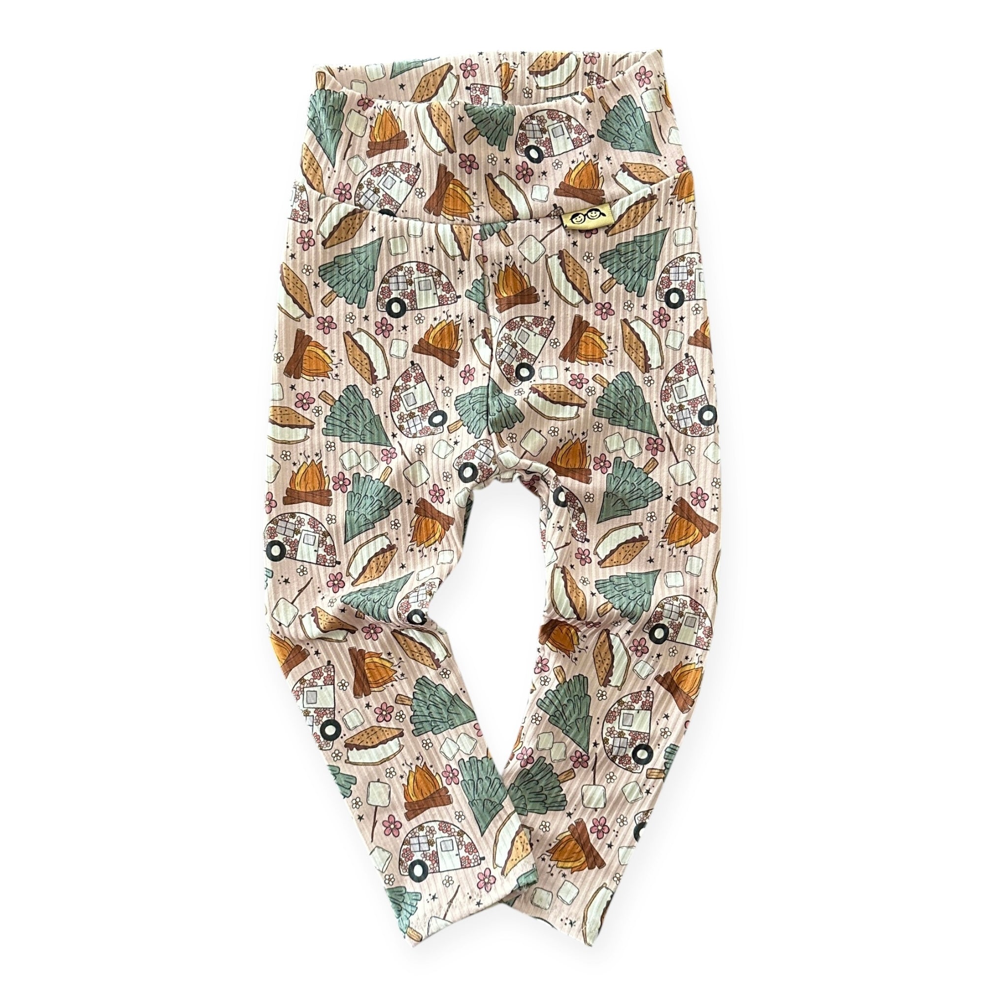 Handmade baby leggings in Campfire & S’mores Adventures print with campers and campfires.