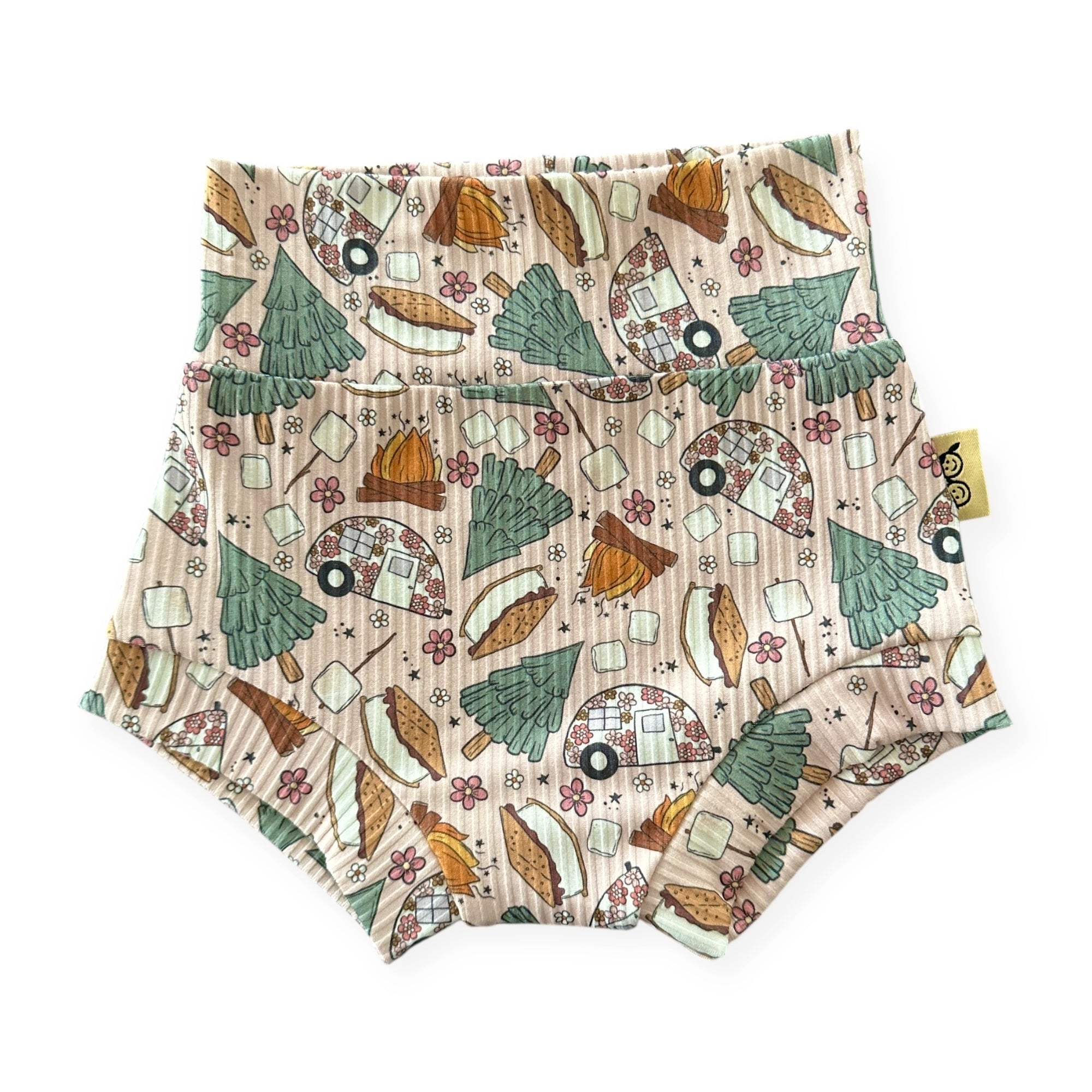 Baby bummies in Campfire & S’mores Adventures print with campers and marshmallows.