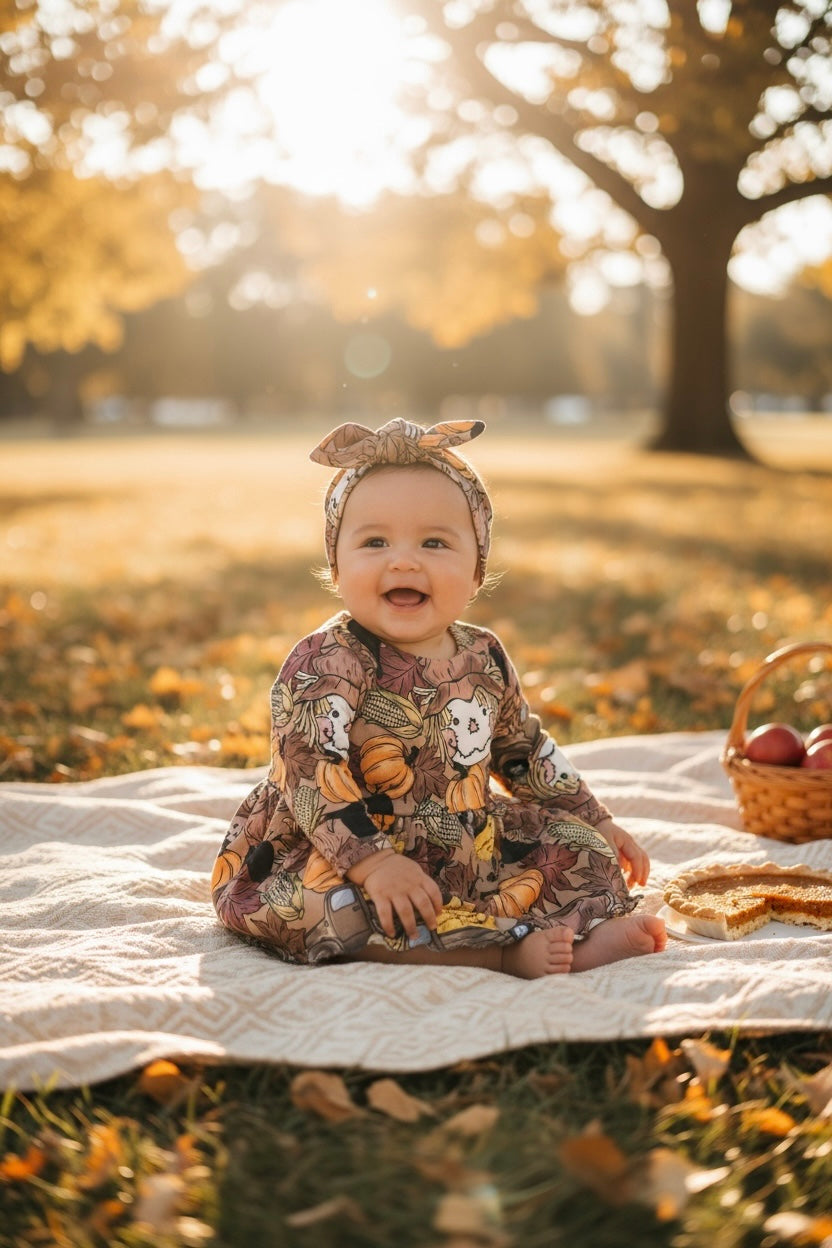 Baby wearing Handmade baby and toddler fall dress with scarecrow, pumpkins, corn, and autumn leaves pattern – Harvest Scarecrow print by Dudis Design. sitting on a blanket in a park with autumn leaves and a basket of apples.