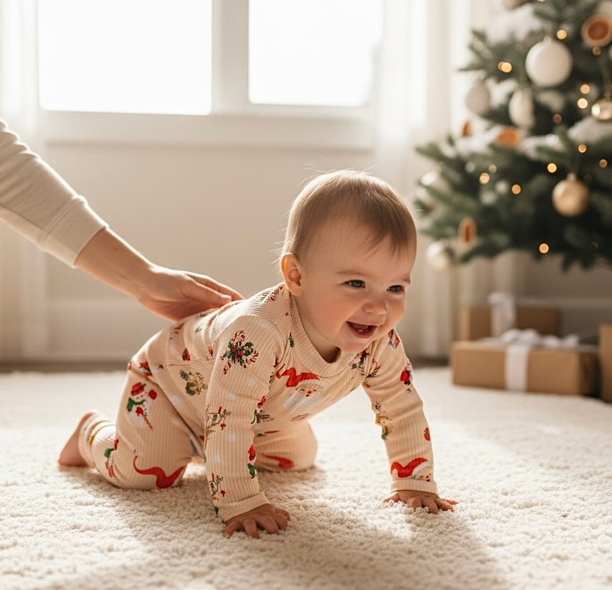 Baby wearing vintage Christmas ribbed lounge set crawling by Christmas tree – handmade holiday outfit.