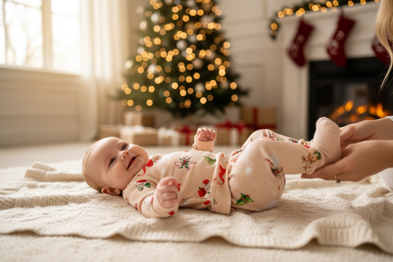 Smiling baby in retro Christmas lounge set lying on blanket with tree lights in the background – soft handmade outfit.