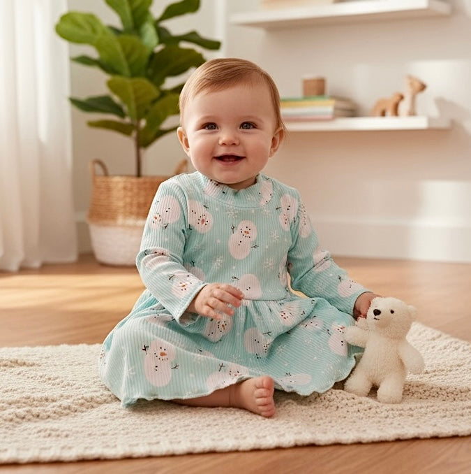 Baby in a light mint dress with snowman patterns sitting on a rug holding a teddy bear.