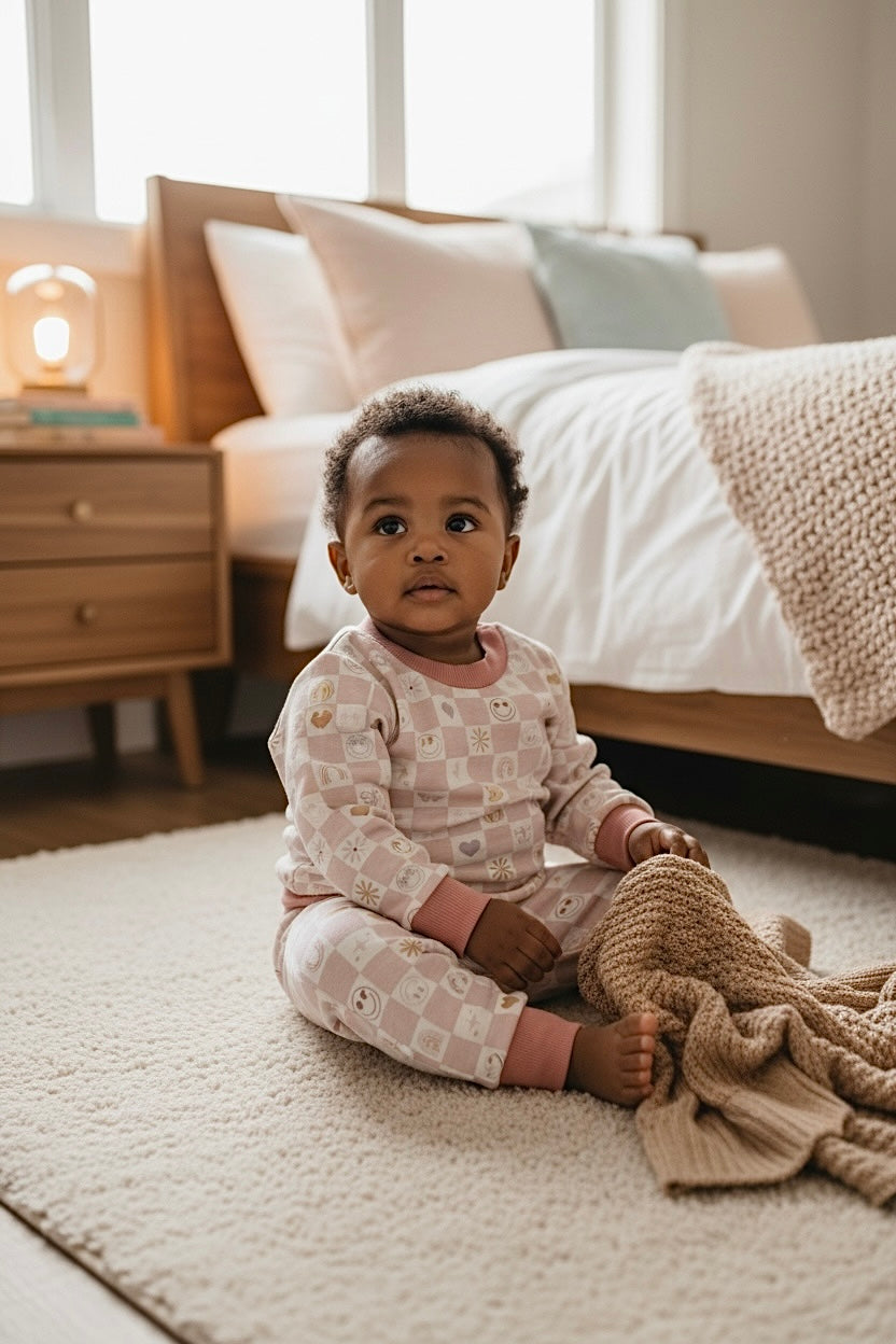 Baby sitting and playing in blush checker smiley lounge set, lifestyle photo.