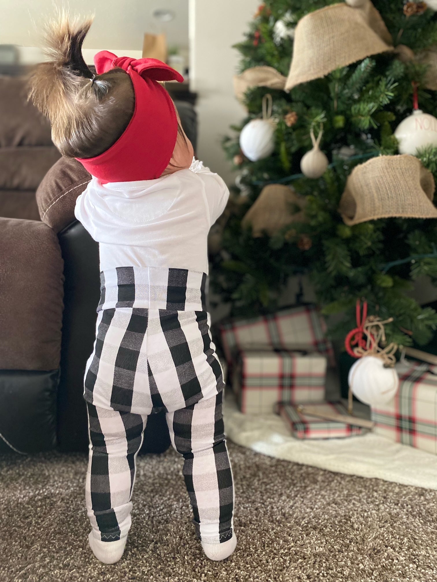 Black and White Plaid Mix and Match Leggings with Red Headband