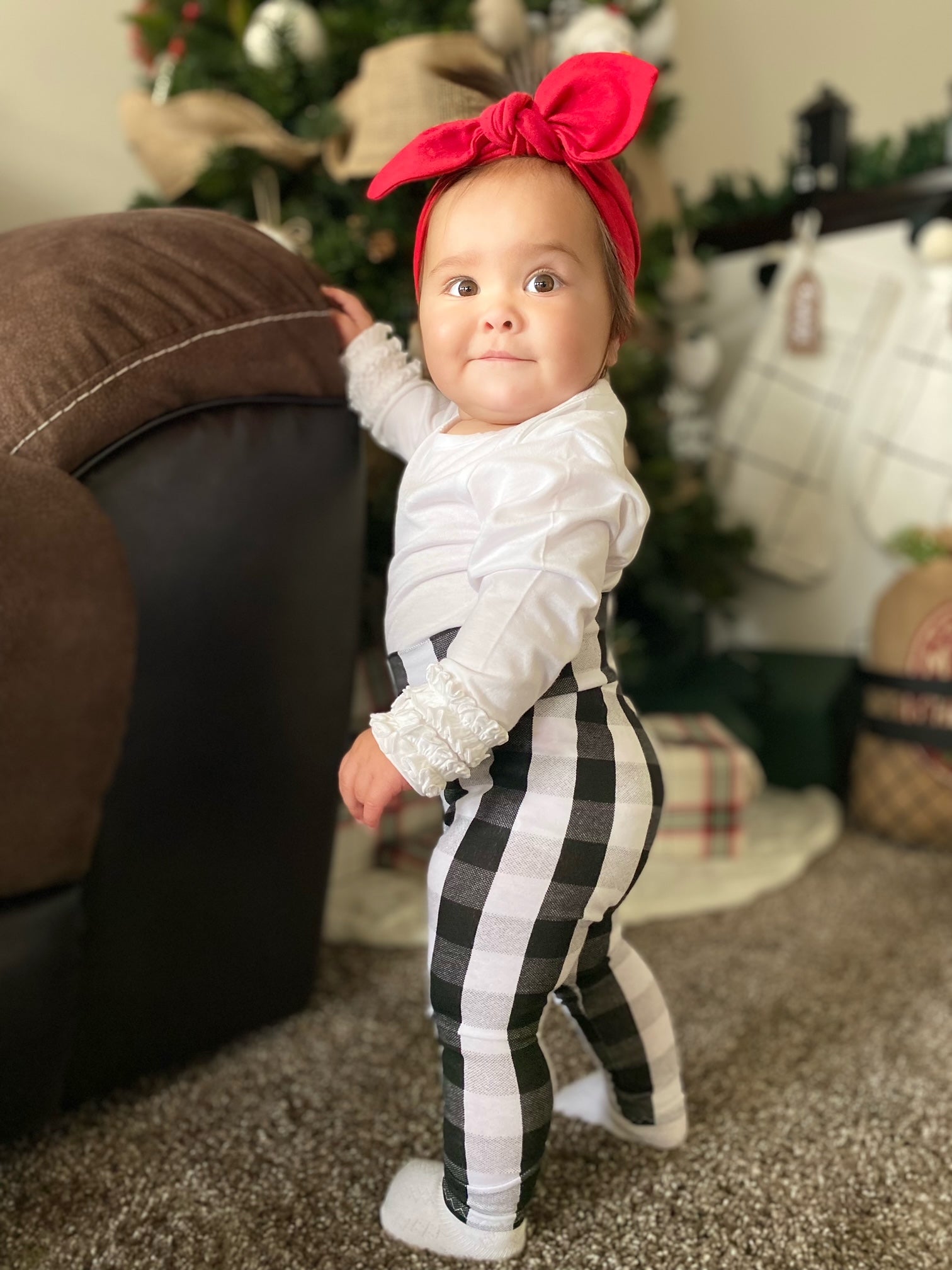 Black and White Plaid Mix and Match Leggings with Red Headband