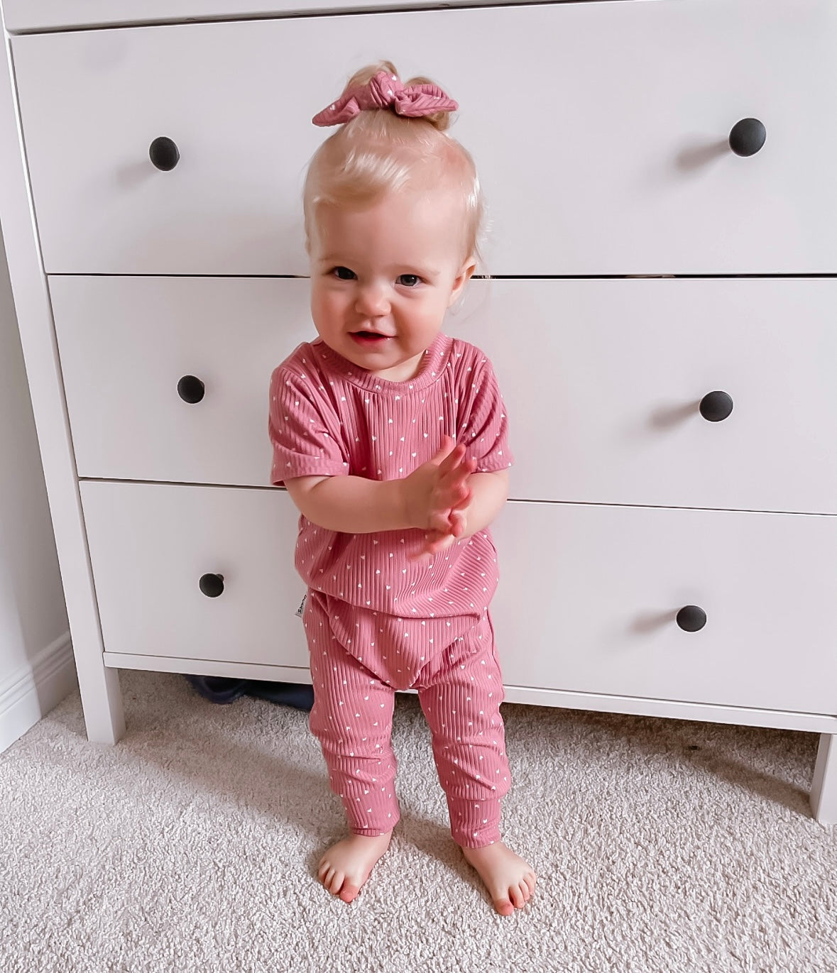 White Hearts on Dusty Rose Ribbed Harem Romper