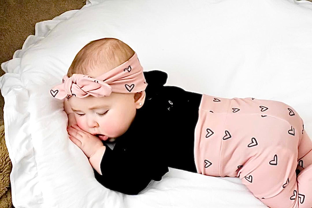 Black Hearts on Dusty Pink Leggings and/or Headbands