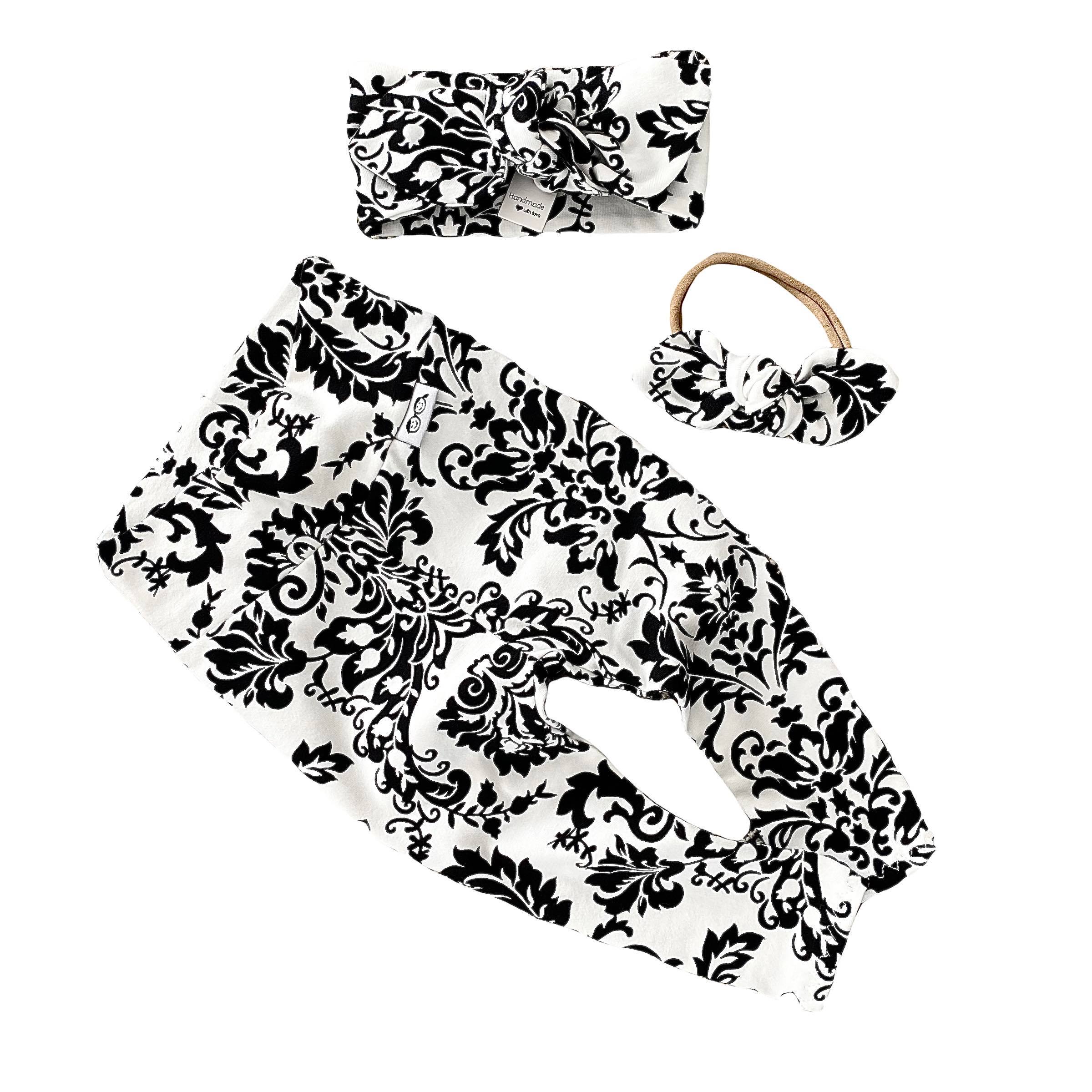 Black & White Damask Print Leggings and/or Headbands